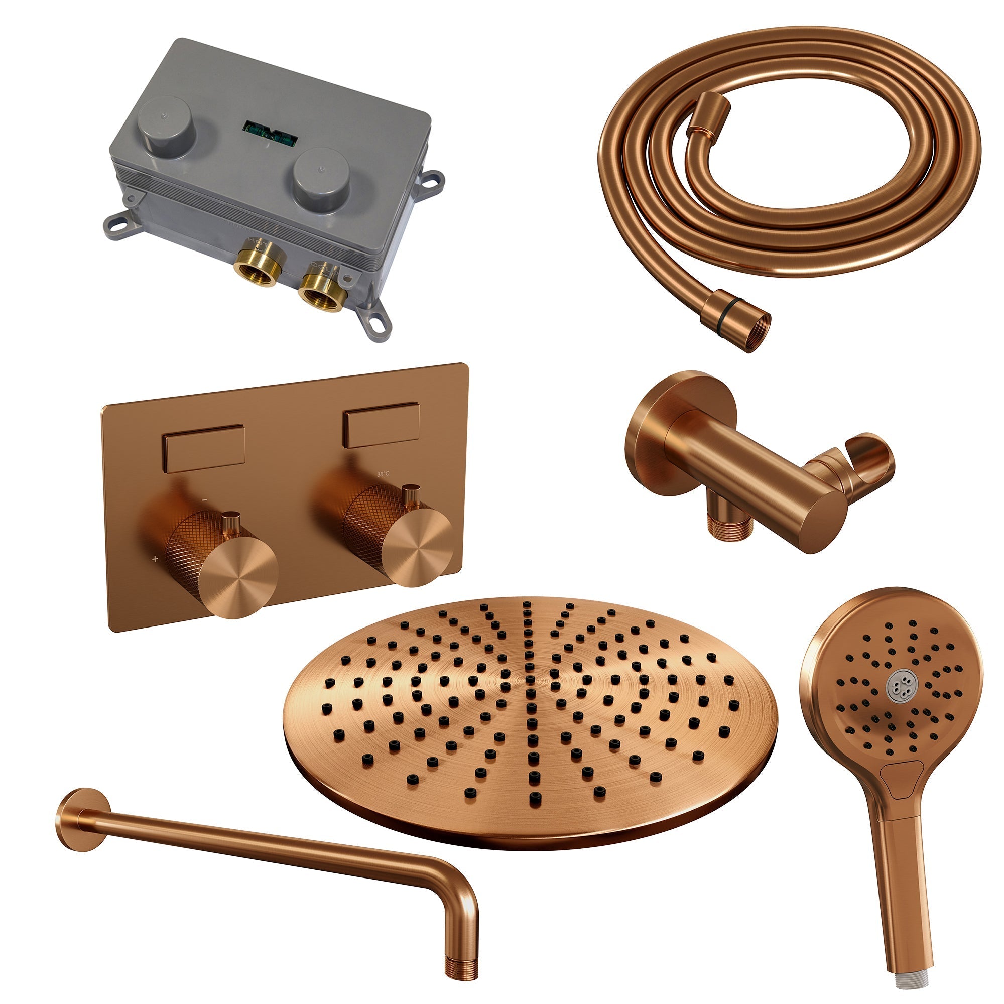 Brauer Carving inbouw doucheset - ronde handdouche - 30cm hoofdouche - gebogen wandarm - wandsteun - Geborsteld Koper PVD
