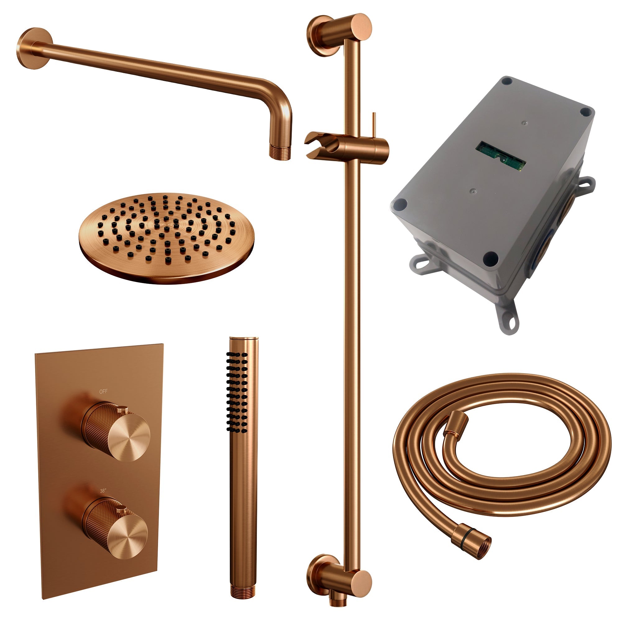 Brauer Carving inbouwset met 3-weg thermostaat - hoofddouche 20cm - gebogen wandarm 40cm - staafhanddouche - glijstang met aansluitbocht - Geborsteld Koper PVD