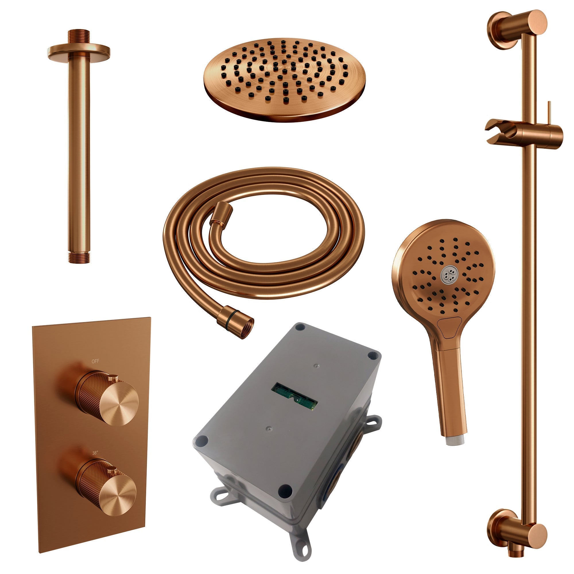 Brauer Carving inbouwset met 3-weg thermostaat - hoofddouche 20cm - plafondbuis 20cm - ronde 3-standen handdouche - glijstang met aansluitbocht - Geborsteld Koper PVD
