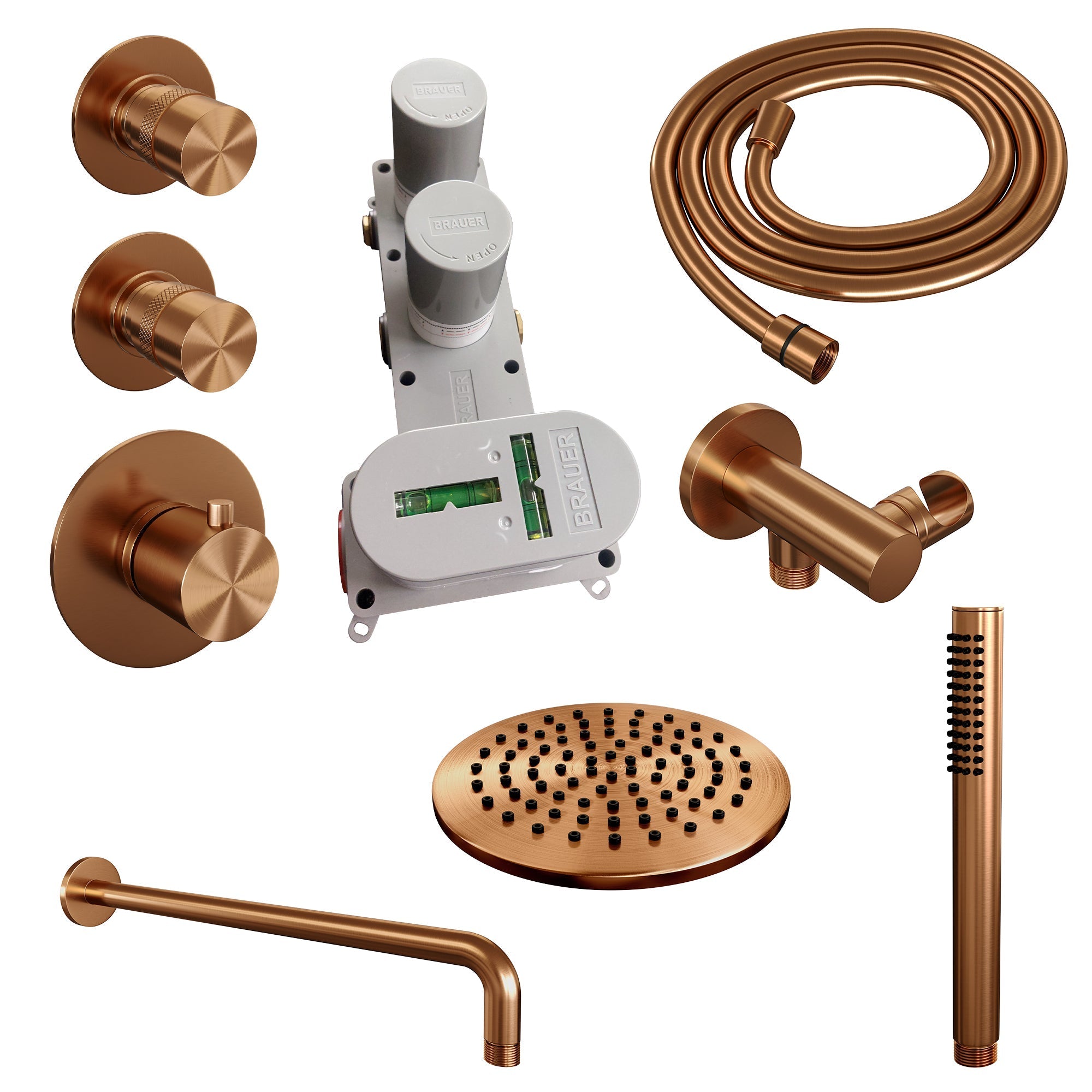 Brauer Edition thermostatische inbouw doucheset - hoofddouche 20cm - wandarm gebogen - staafhanddouche - Geborsteld Koper PVD