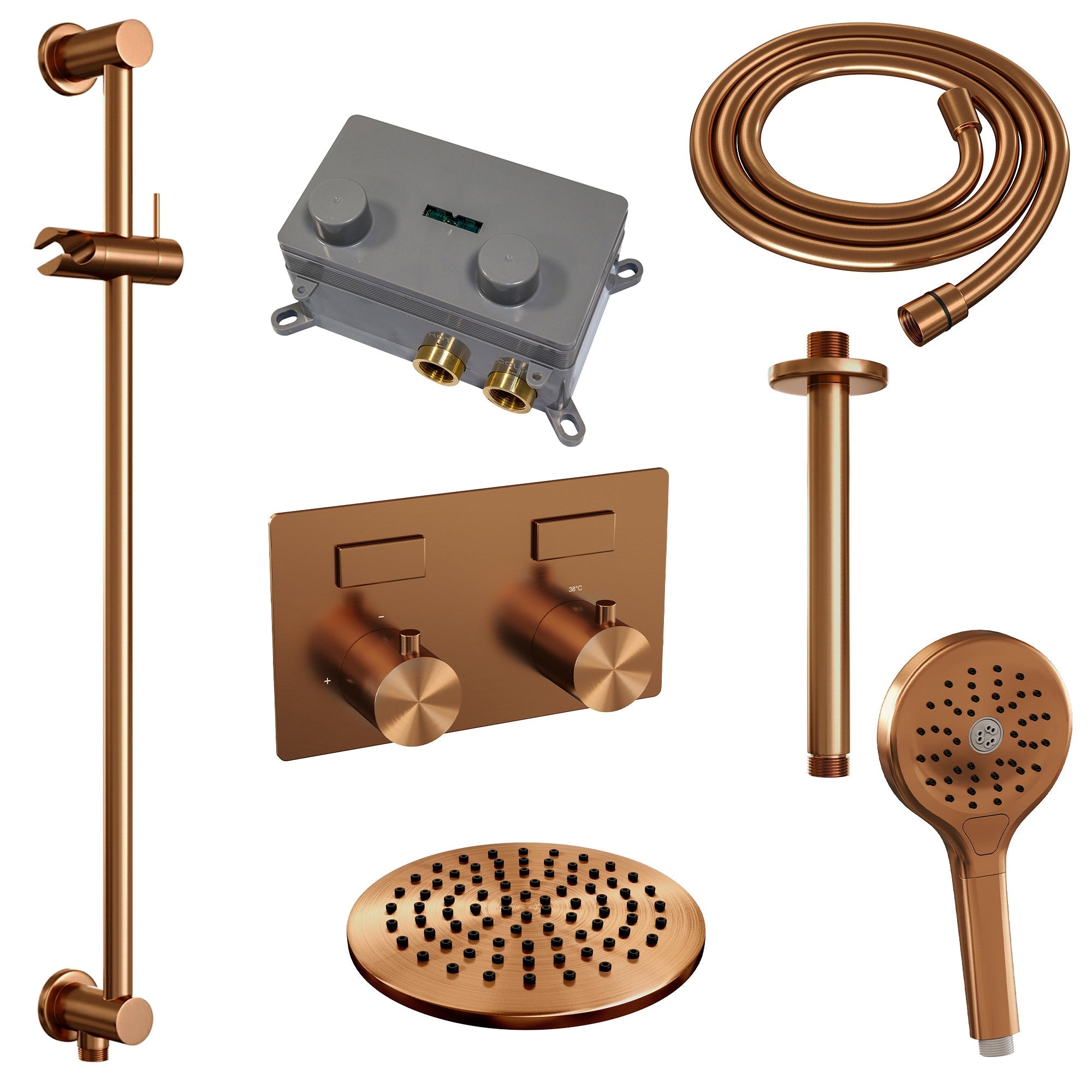 Brauer Edition inbouw doucheset - ronde handdouche - 20cm hoofdouche - plafondbuis - glijstang - Geborsteld Koper PVD
