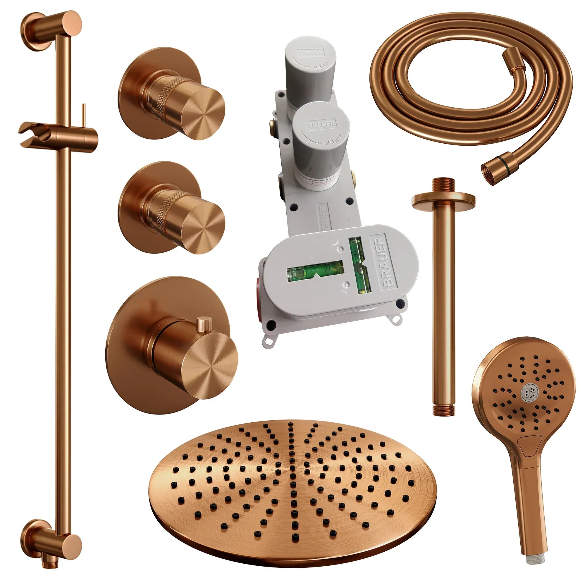 Brauer Edition thermostatische inbouw doucheset - Geborsteld Koper PVD - hoofddouche 30cm - plafondsteun - ronde handdouche - Glijstang