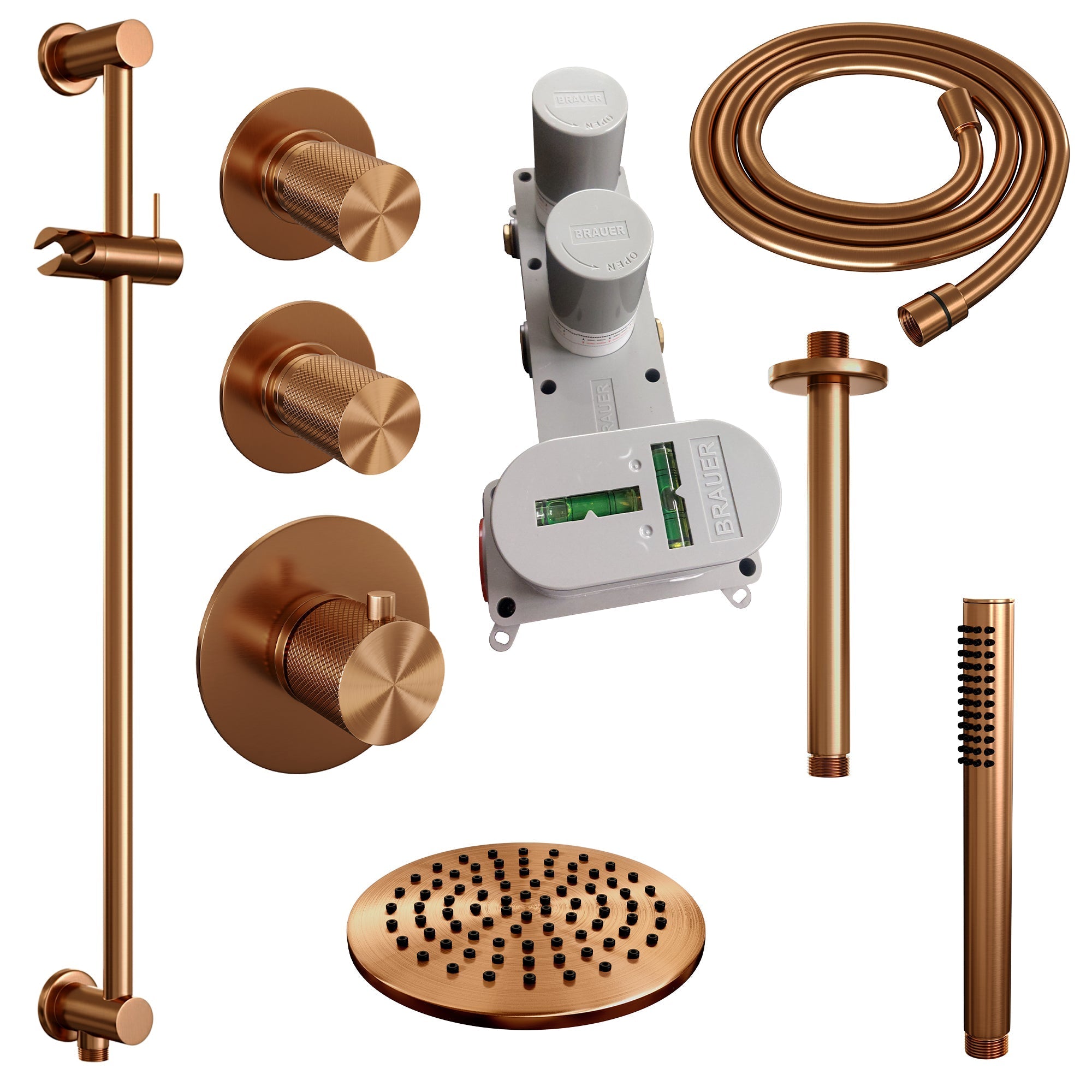 Brauer Carving thermostatische inbouw doucheset - hoofddouche 20cm - plafondbuis - staafhanddouche - Glijstang - Geborsteld Koper PVD
