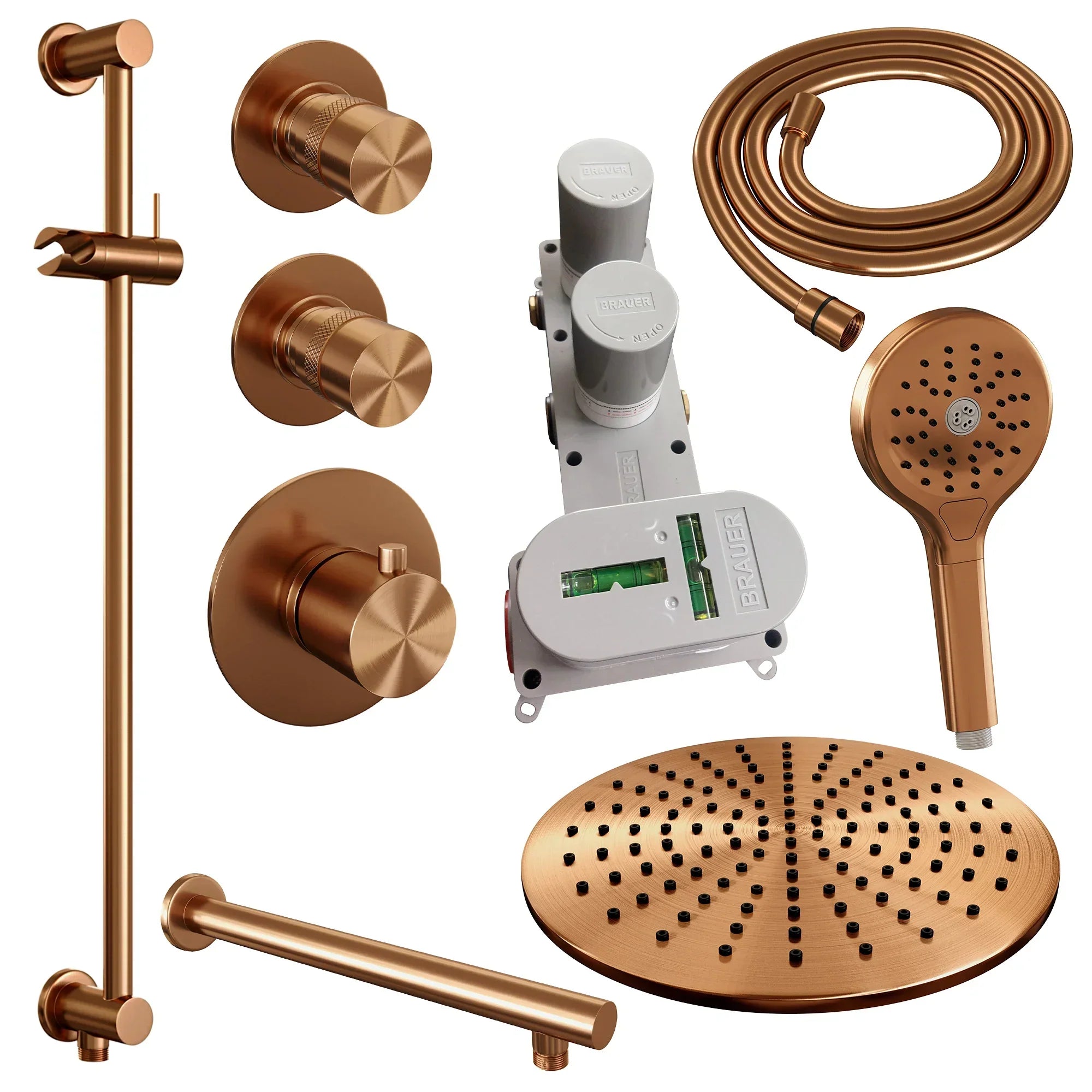 Brauer Edition thermostatische inbouw doucheset - Geborsteld Koper PVD - hoofddouche 30cm - wandarm - ronde handdouche - Glijstang