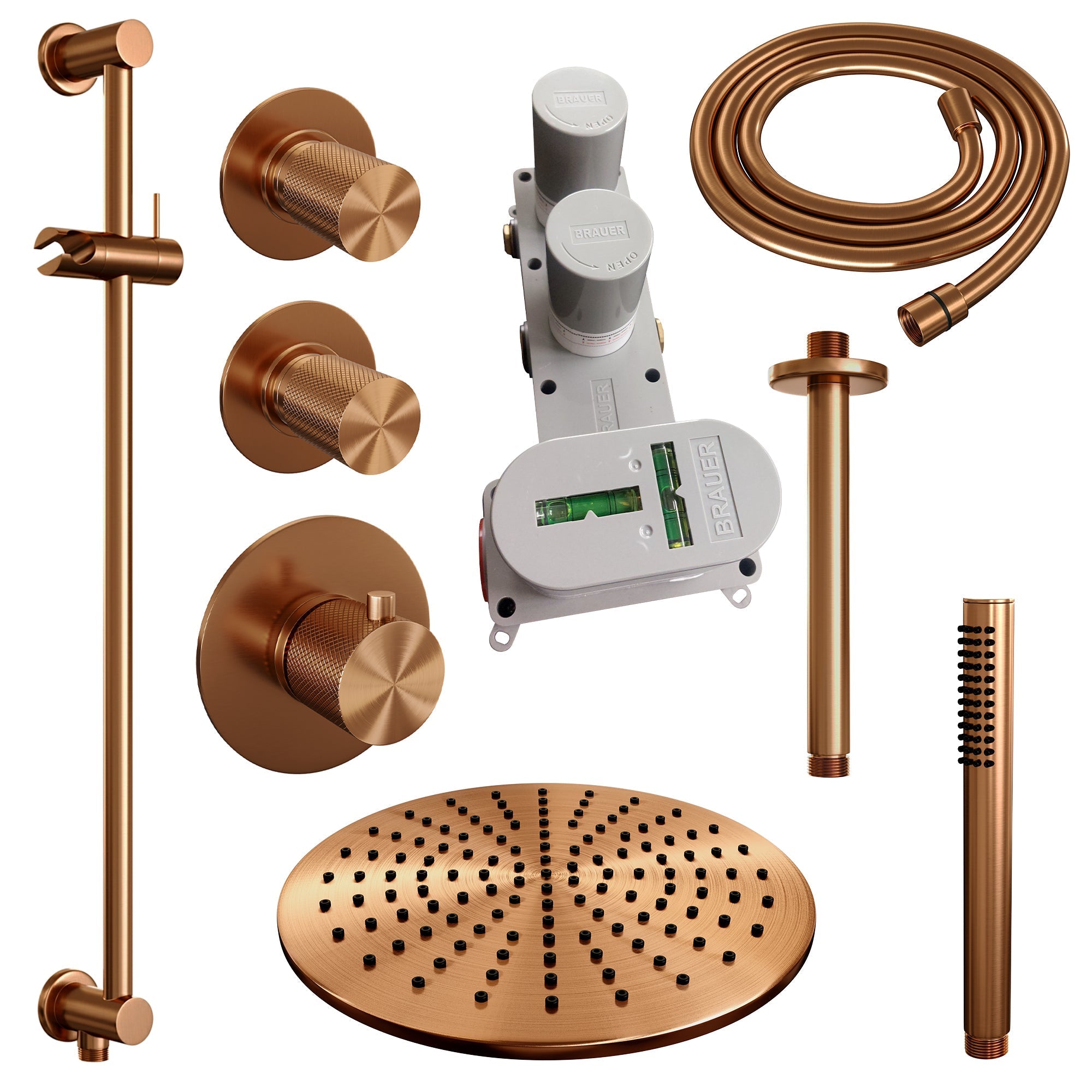 Brauer Carving thermostatische inbouw doucheset - hoofddouche 30cm - plafondbuis - staafhanddouche - Glijstang - Geborsteld Koper PVD