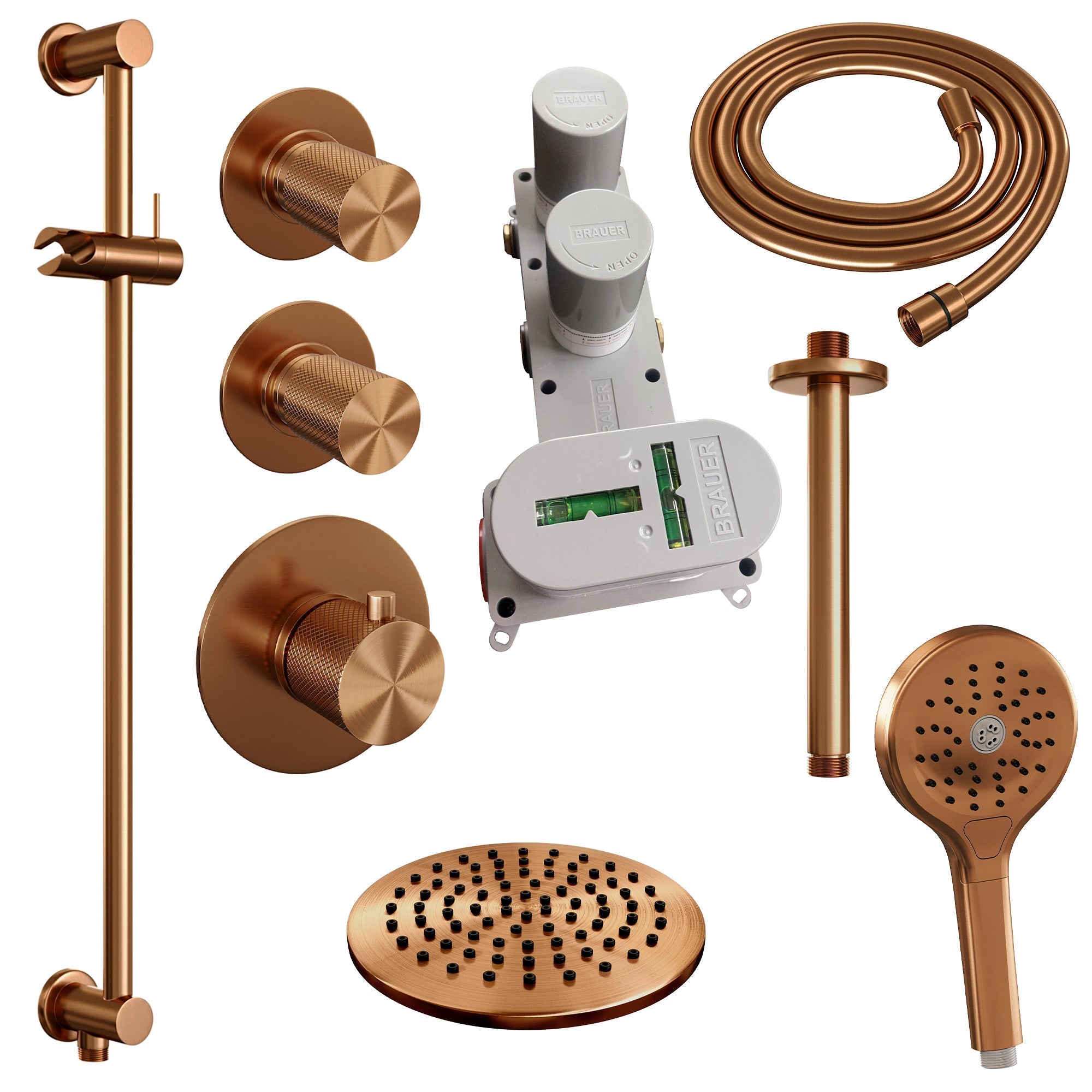 Brauer Carving thermostatische inbouw doucheset - hoofddouche 20cm - plafondbuis - 3 standen handdouche rond - Glijstang - Geborsteld Koper PVD