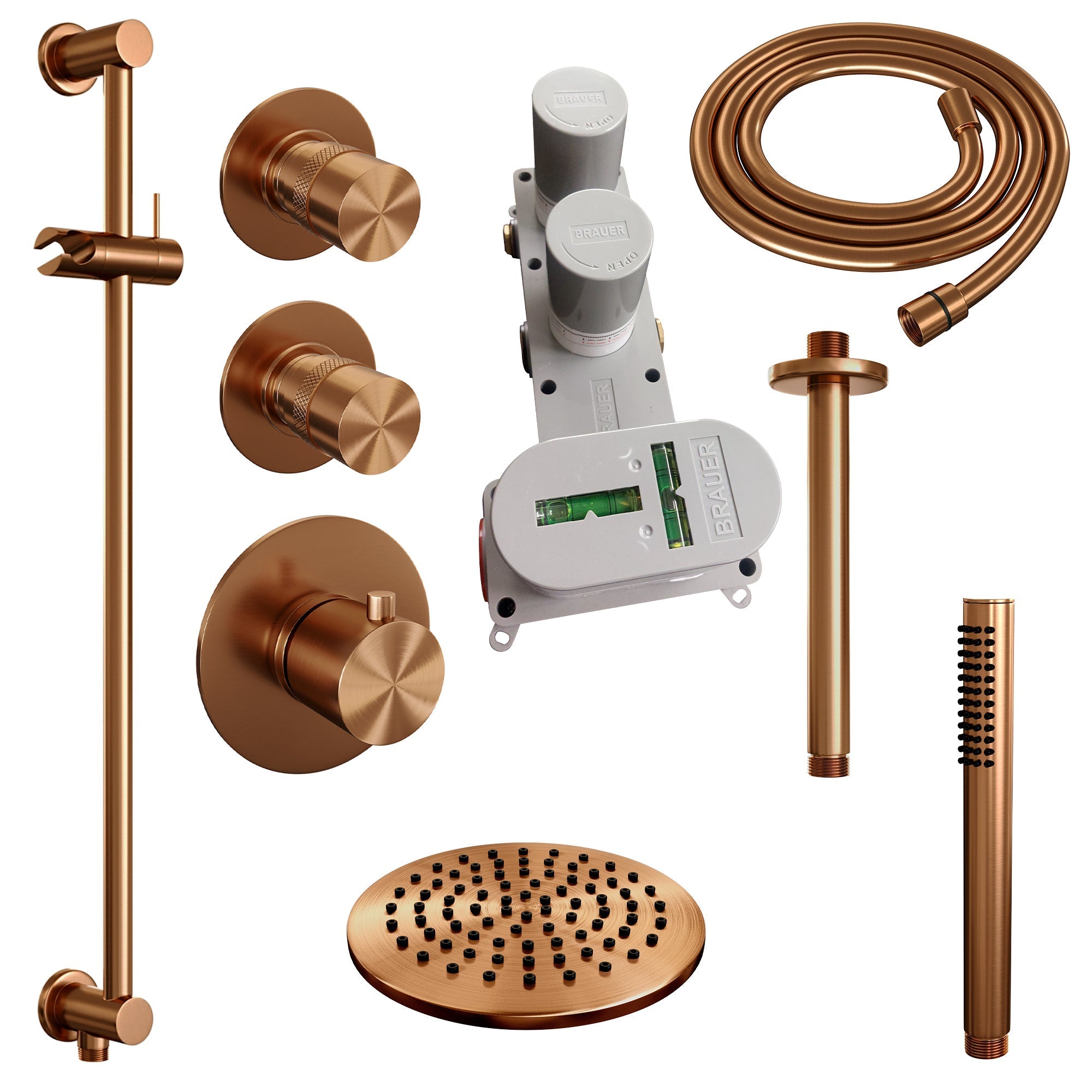 Brauer Edition thermostatische inbouw doucheset - Geborsteld Koper PVD - hoofddouche 20cm - plafondsteun - staafhanddouche - Glijstang
