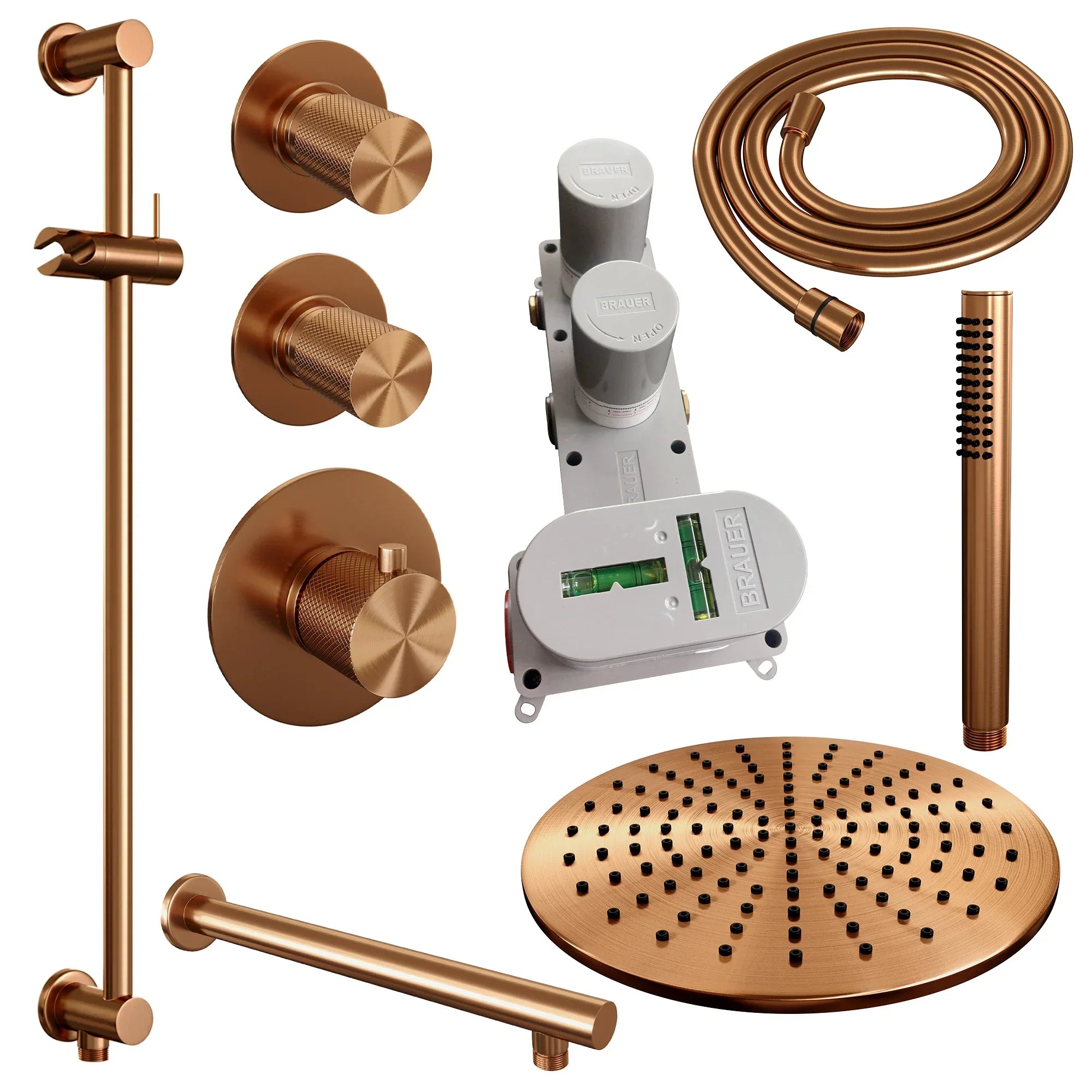 Brauer Carving thermostatische inbouw doucheset - hoofddouche 30cm - rechte wandarm - staafhanddouche - Glijstang - Geborsteld Koper PVD