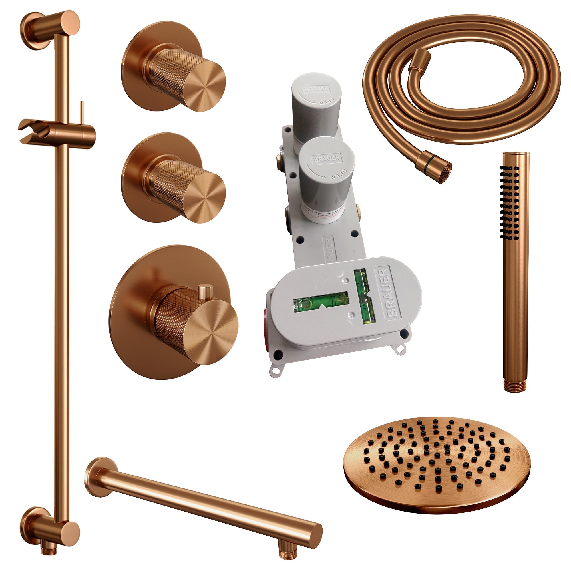 Brauer Carving thermostatische inbouw doucheset - hoofddouche 20cm - rechte wandarm - staafhanddouche - Glijstang - Geborsteld Koper PVD