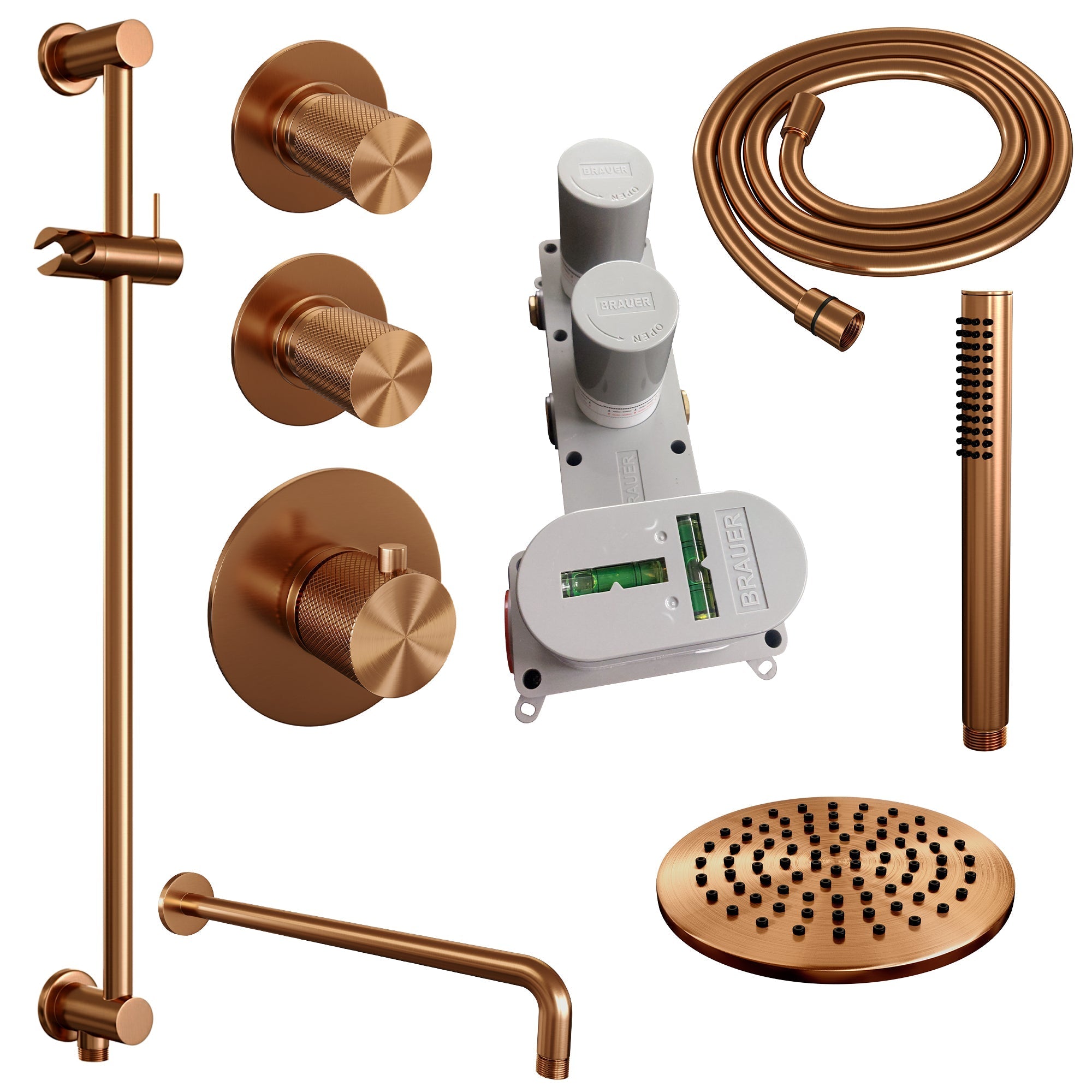 Brauer Carving thermostatische inbouw doucheset - hoofddouche 20cm - gebogen wandarm - staafhanddouche - Glijstang - Geborsteld Koper PVD