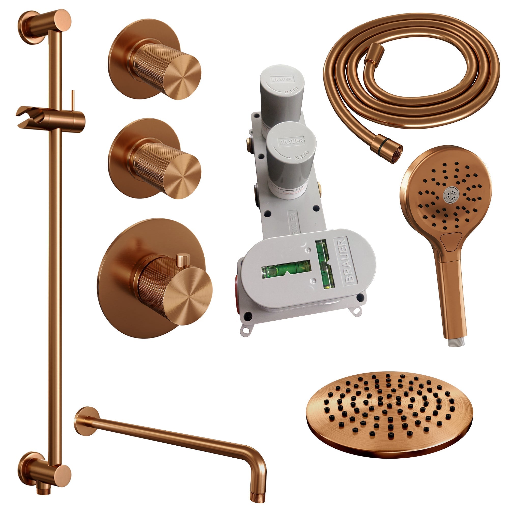 Brauer Carving thermostatische inbouw doucheset - hoofddouche 20cm - gebogen wandarm - 3 standen handdouche rond - Glijstang - Geborsteld Koper PVD