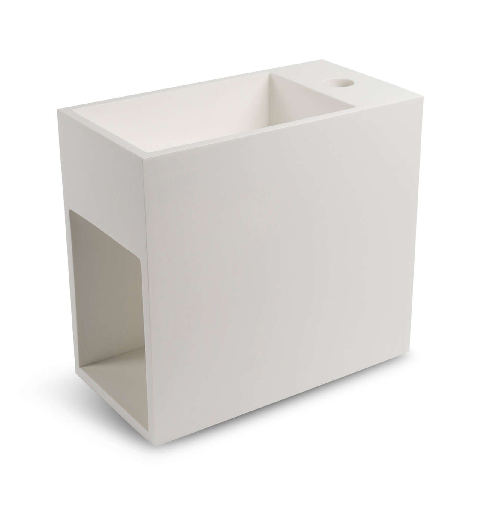 Luca Sanitair fontein met open schap links 35x18,5x32h in mineral stone met verdekte afvoer, kraangat rechts wit glans - LUVA1335