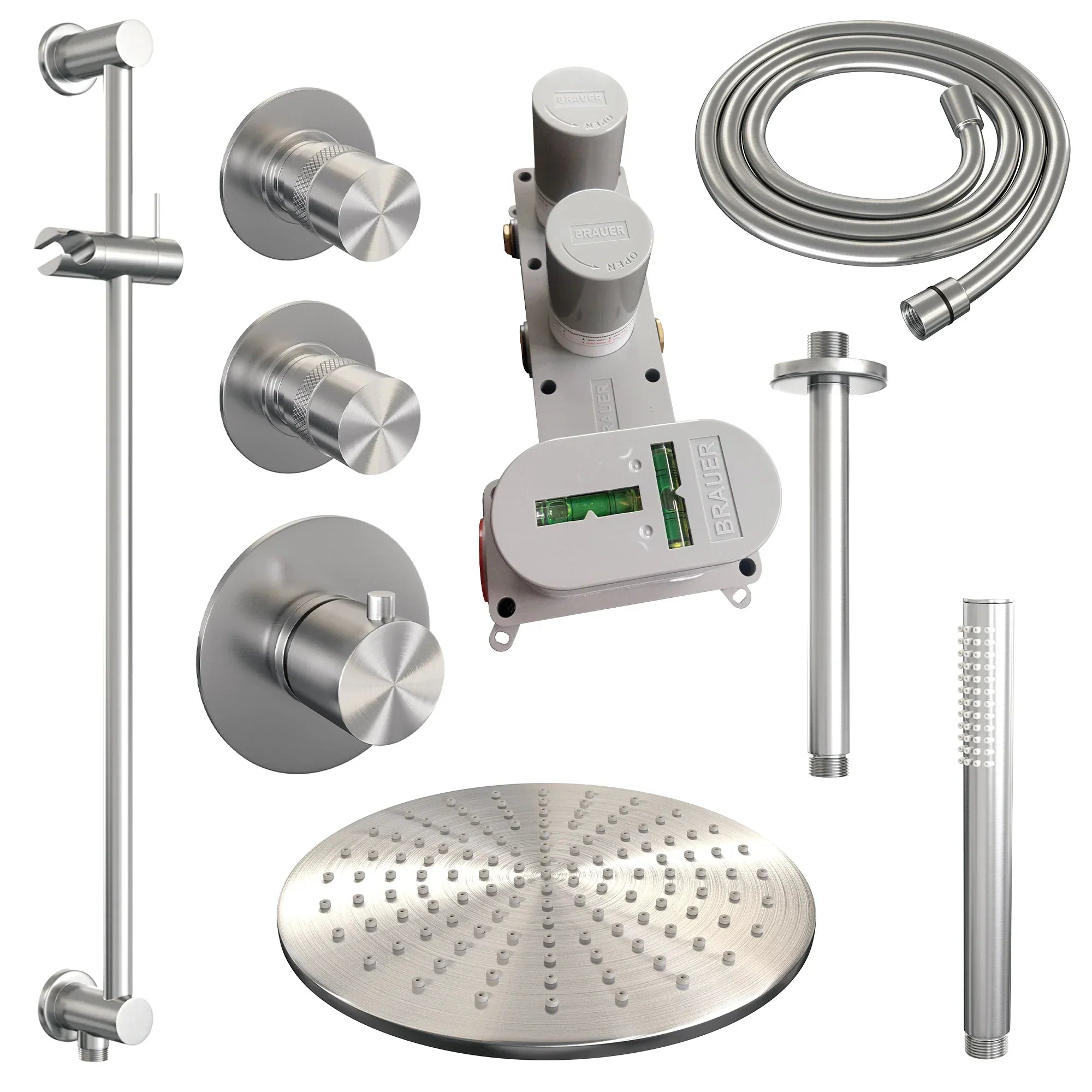 Brauer Edition thermostatische inbouw doucheset - geborsteld RVS PVD - hoofddouche 30cm - plafondsteun - staafhanddouche - Glijstang - geborsteld RVS PVD