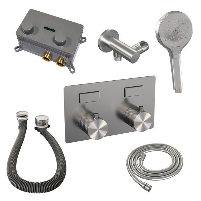 Brauer Carving inbouw badthermostaat - drukknoppen - badafvoer/vulcombinatie - 3-standen handdouche - chroom