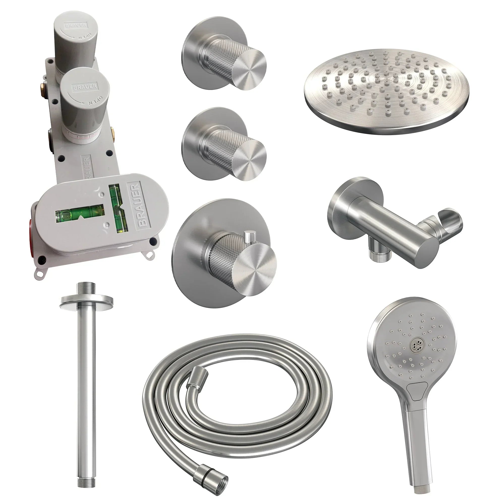 Brauer Carving thermostatische inbouw doucheset - hoofddouche 20cm - plafondbuis - 3 standen handdouche rond - geborsteld RVS PVD