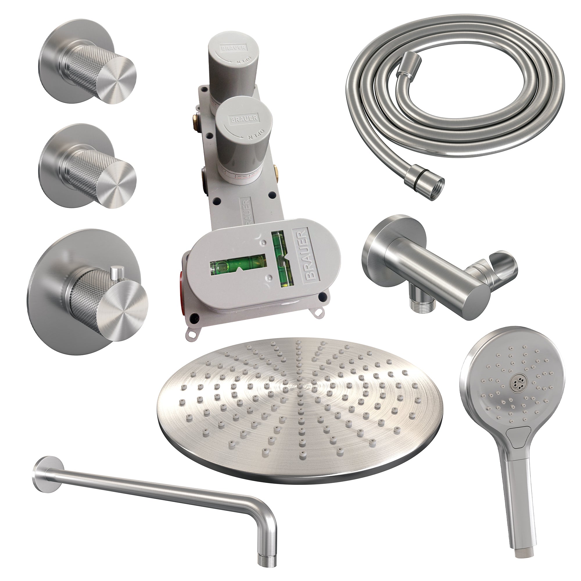 Brauer Carving thermostatische inbouw doucheset - hoofddouche 30cm - gebogen wandarm - 3 standen handdouche rond - geborsteld RVS PVD