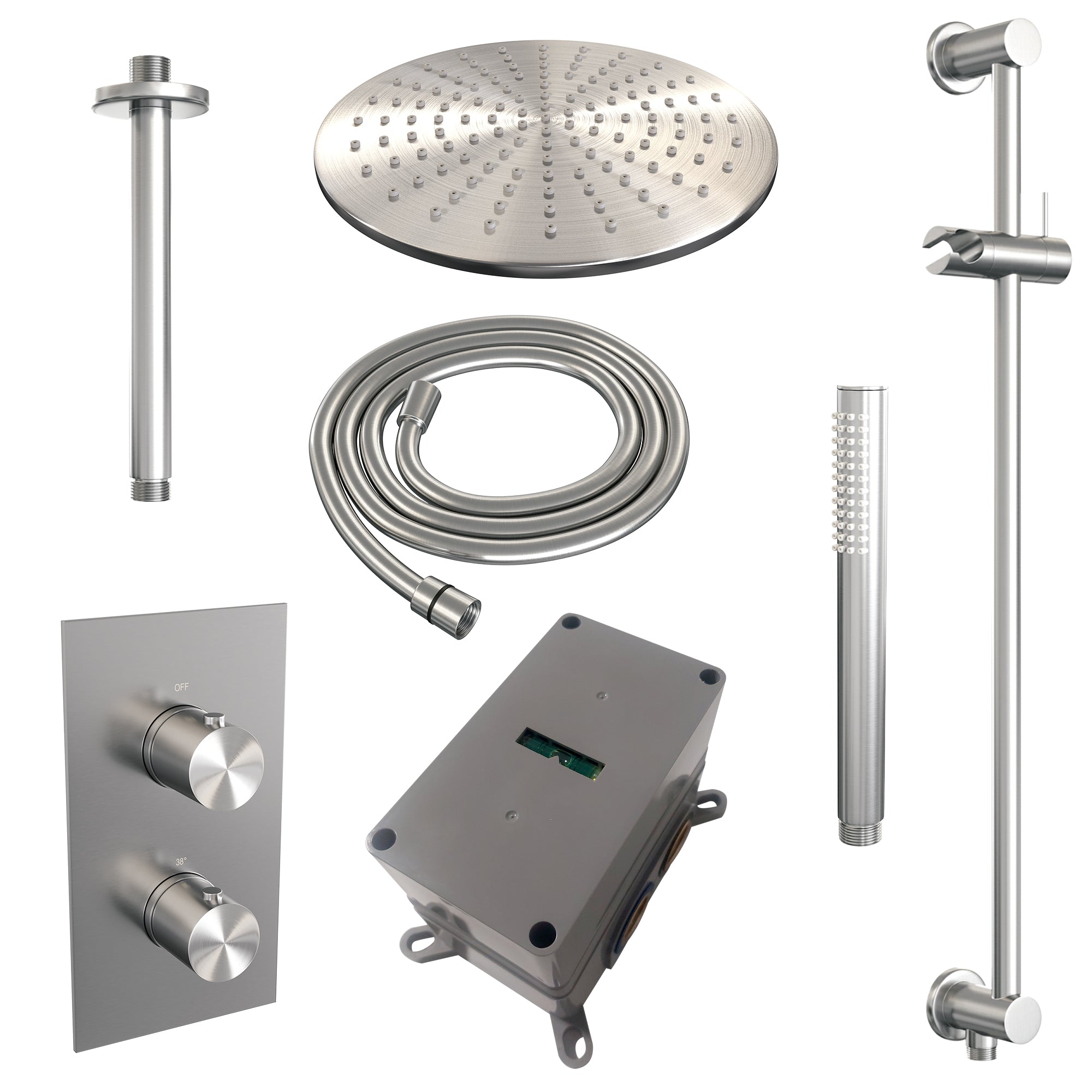 Brauer Edition inbouwset met 3-weg thermostaat - hoofddouche 30cm - plafondbuis 20cm - staafhanddouche - glijstang met aansluitbocht - geborsteld RVS PVD