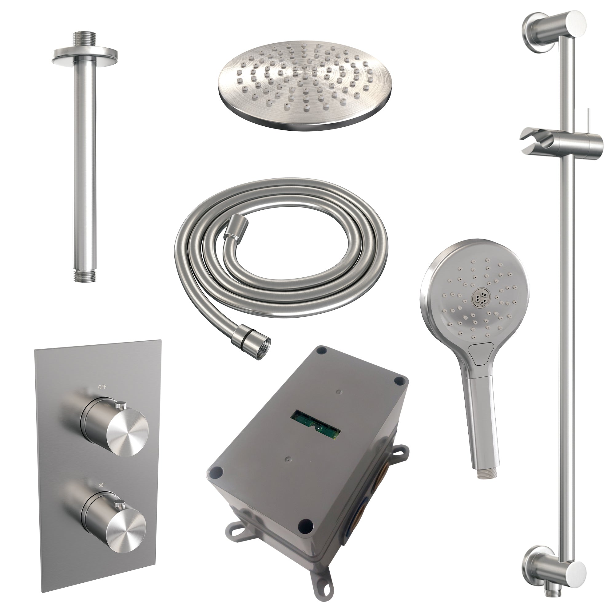 Brauer Edition inbouwset met 3-weg thermostaat - hoofddouche 20cm - plafondbuis 20cm - ronde 3-standen handdouche - glijstang met aansluitbocht - geborsteld RVS PVD