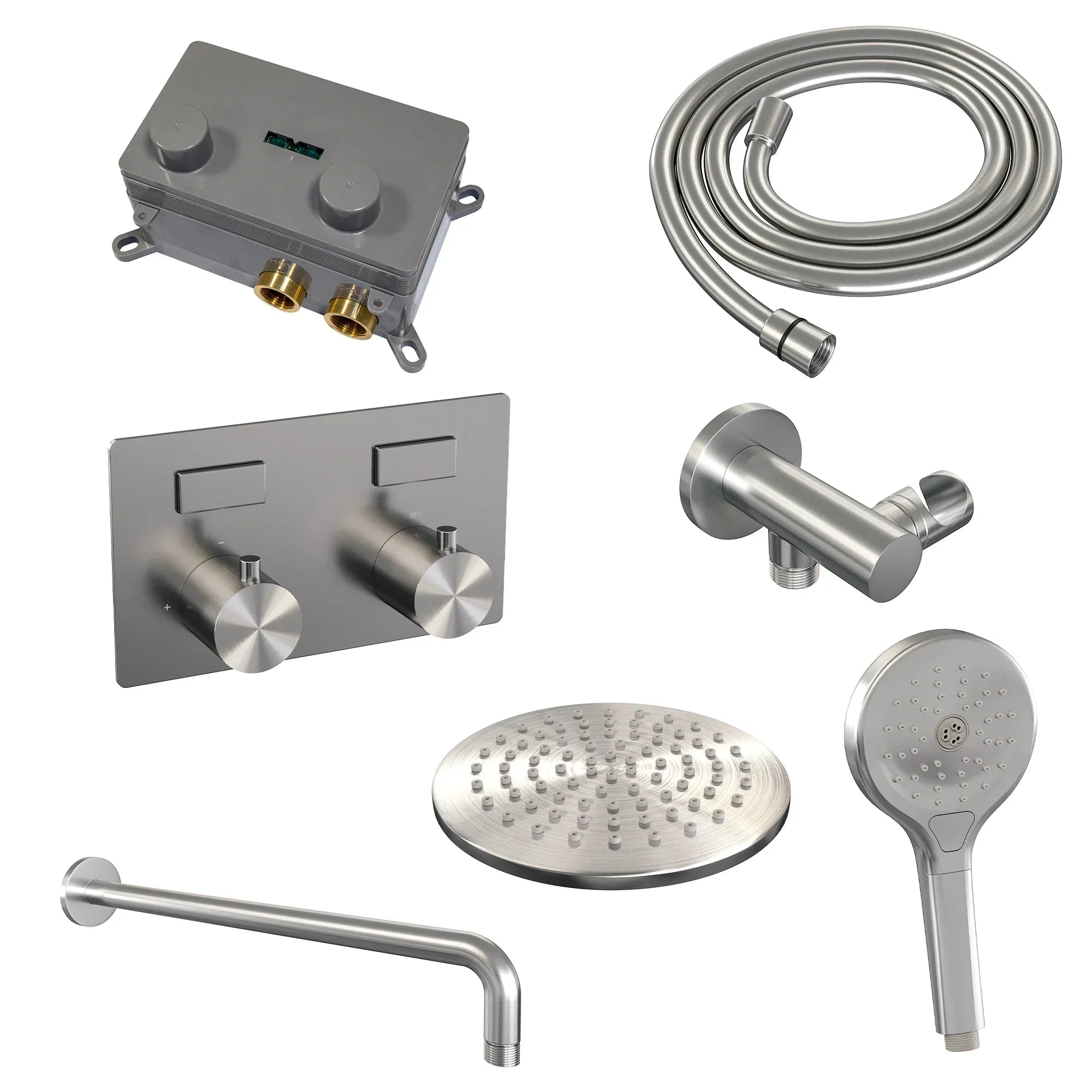 Brauer Edition inbouw doucheset - ronde handdouche - 20cm hoofdouche - gebogen wandarm - wandsteun - geborsteld rvs PVD
