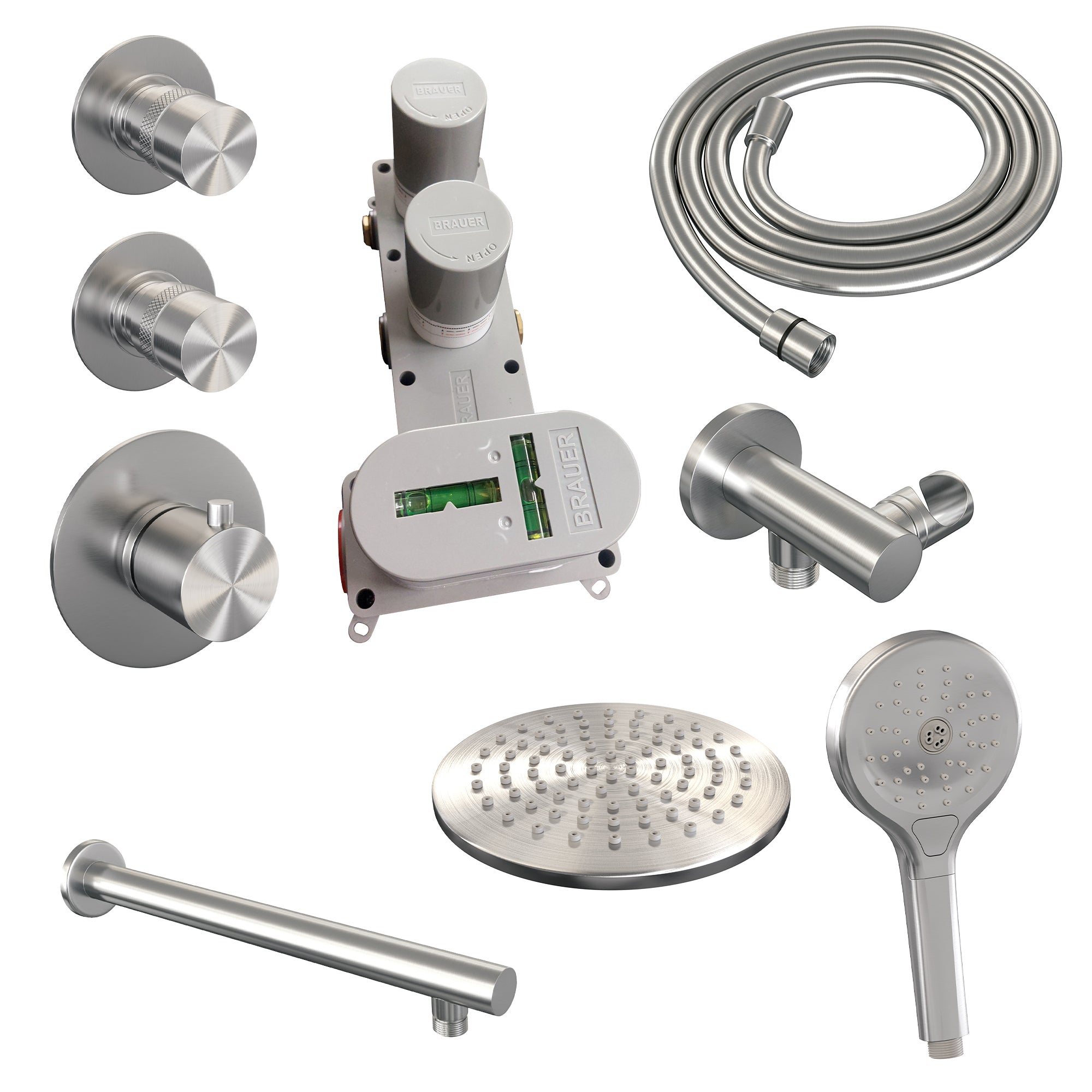 Brauer Edition thermostatische inbouw doucheset - geborsteld RVS PVD - hoofddouche 20cm - wandarm - ronde handdouche - geborsteld RVS PVD