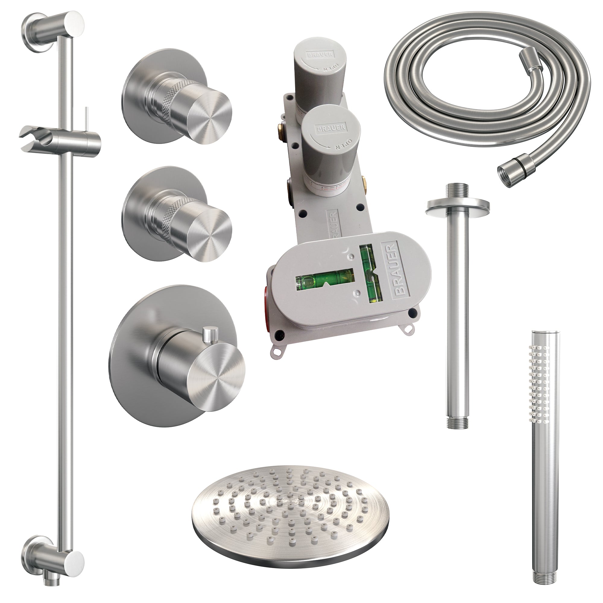 Brauer Edition thermostatische inbouw doucheset - geborsteld RVS PVD - hoofddouche 20cm - plafondsteun - staafhanddouche - Glijstang - geborsteld RVS PVD