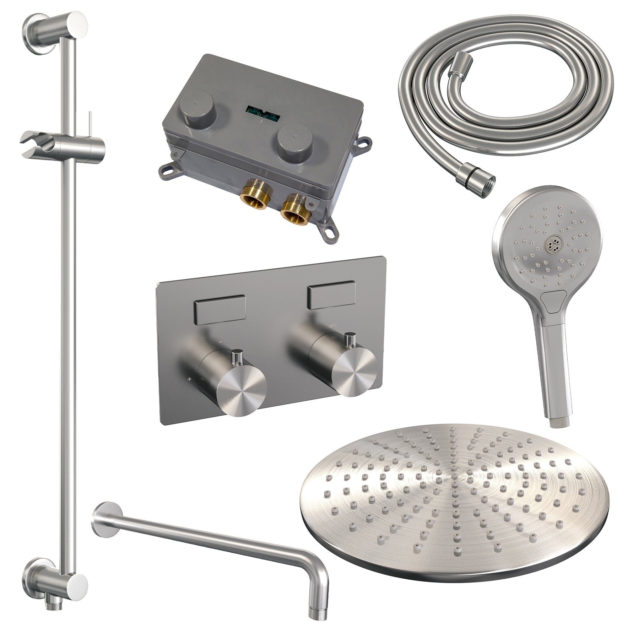 Brauer Edition inbouw doucheset - ronde handdouche - 30cm hoofdouche - gebogen wandarm - glijstang - geborsteld rvs PVD