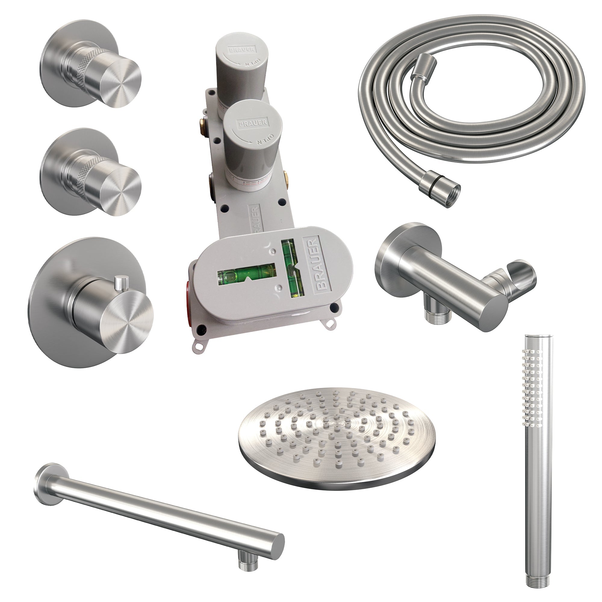Brauer Edition thermostatische inbouw doucheset - geborsteld RVS PVD - hoofddouche 20cm - wandarm - staafhanddouche - geborsteld RVS PVD