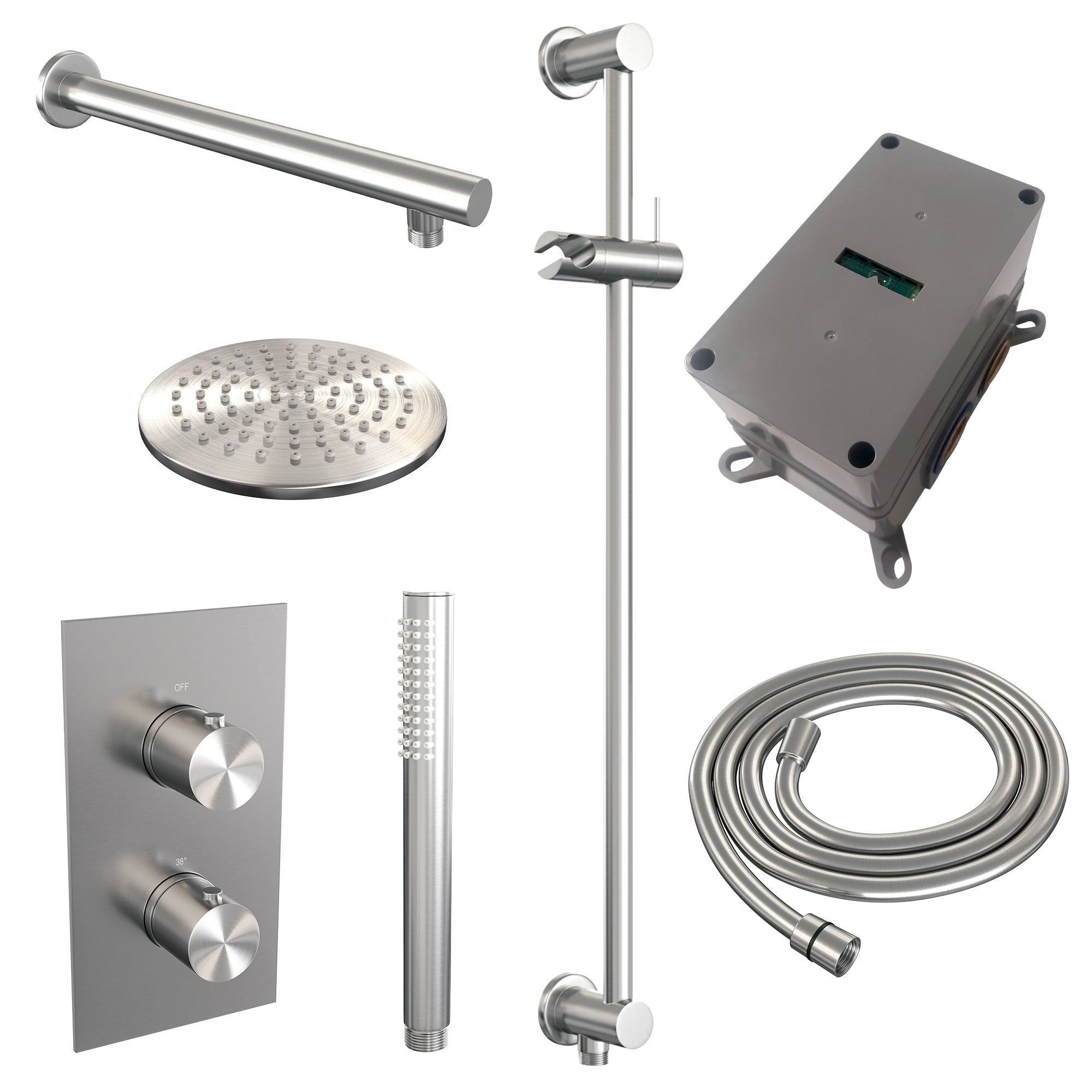 Brauer Edition inbouwset met 3-weg thermostaat - hoofddouche 20cm - rechte wandarm 40cm - staafhanddouche - glijstang met aansluitbocht - geborsteld RVS PVD