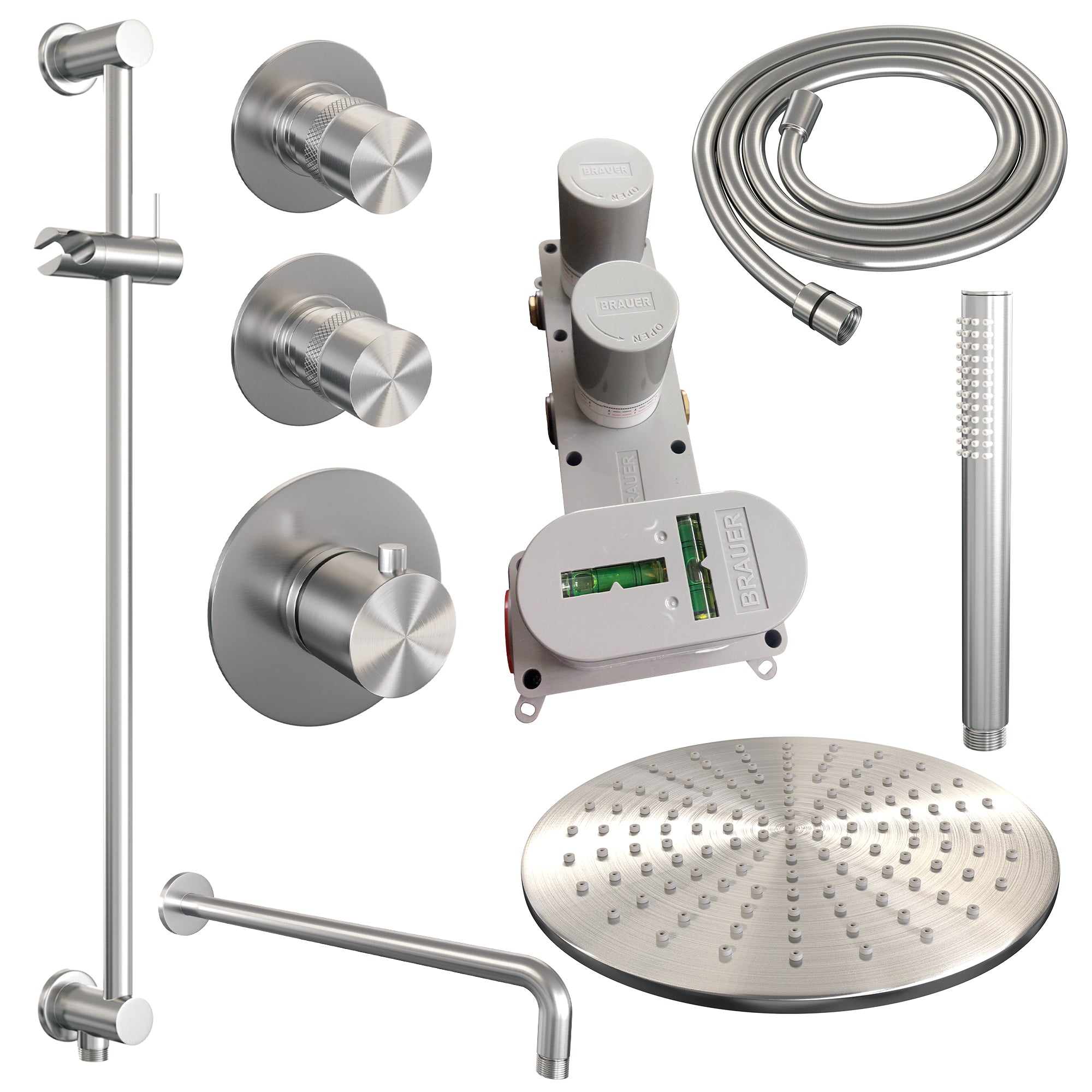 Brauer Edition thermostatische inbouw doucheset - geborsteld RVS PVD - hoofddouche 30cm - wandarm - staafhanddouche - geborsteld RVS PVD