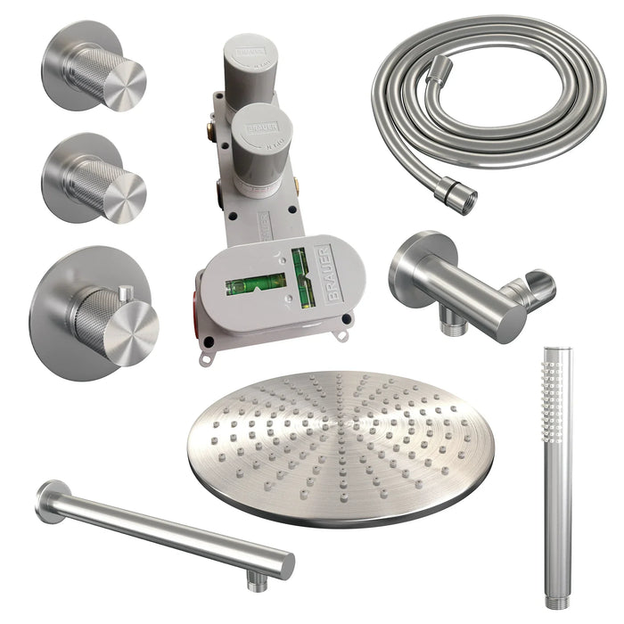 Brauer Carving thermostatische inbouw doucheset - hoofddouche 30cm - rechte wandarm - staafhanddouche - geborsteld RVS PVD