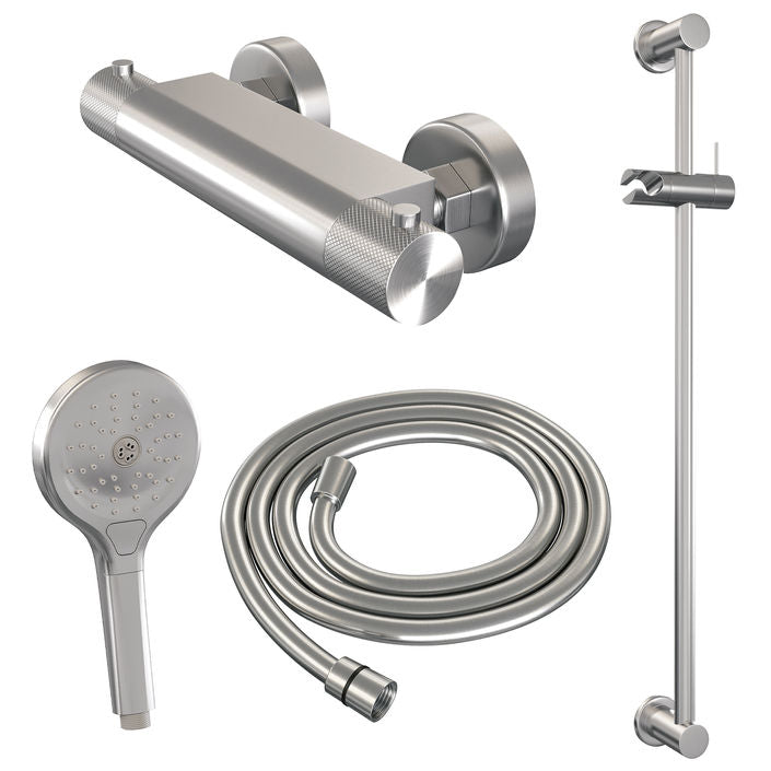 Brauer Carving badthermostaat Glijstangset - 3-standen handdouche - geborsteld RVS PVD