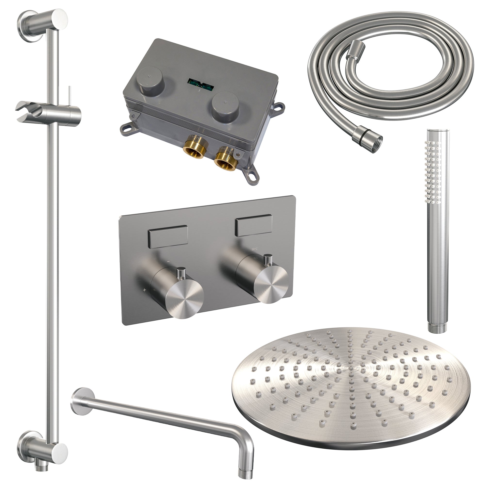 Brauer Edition inbouw doucheset - staafhanddouche - 30cm hoofdouche - gebogen wandarm - glijstang - geborsteld rvs PVD