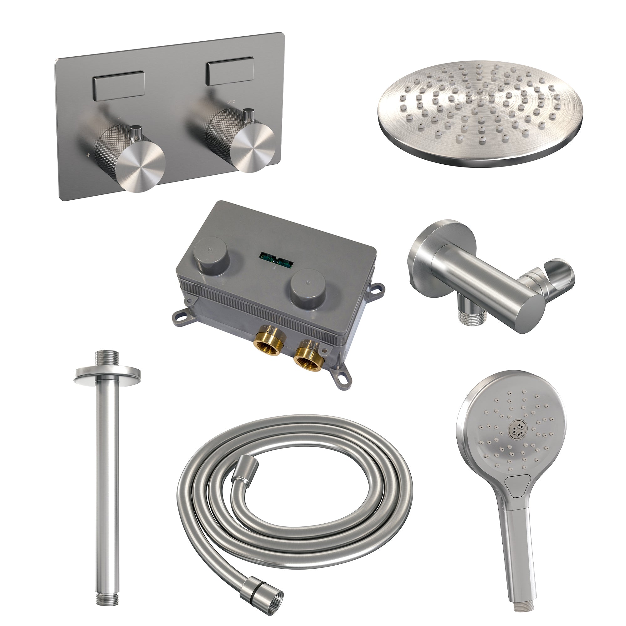 Brauer Carving inbouw doucheset - ronde handdouche - 30cm hoofdouche - plafondbuis - wandsteun - geborsteld rvs PVD