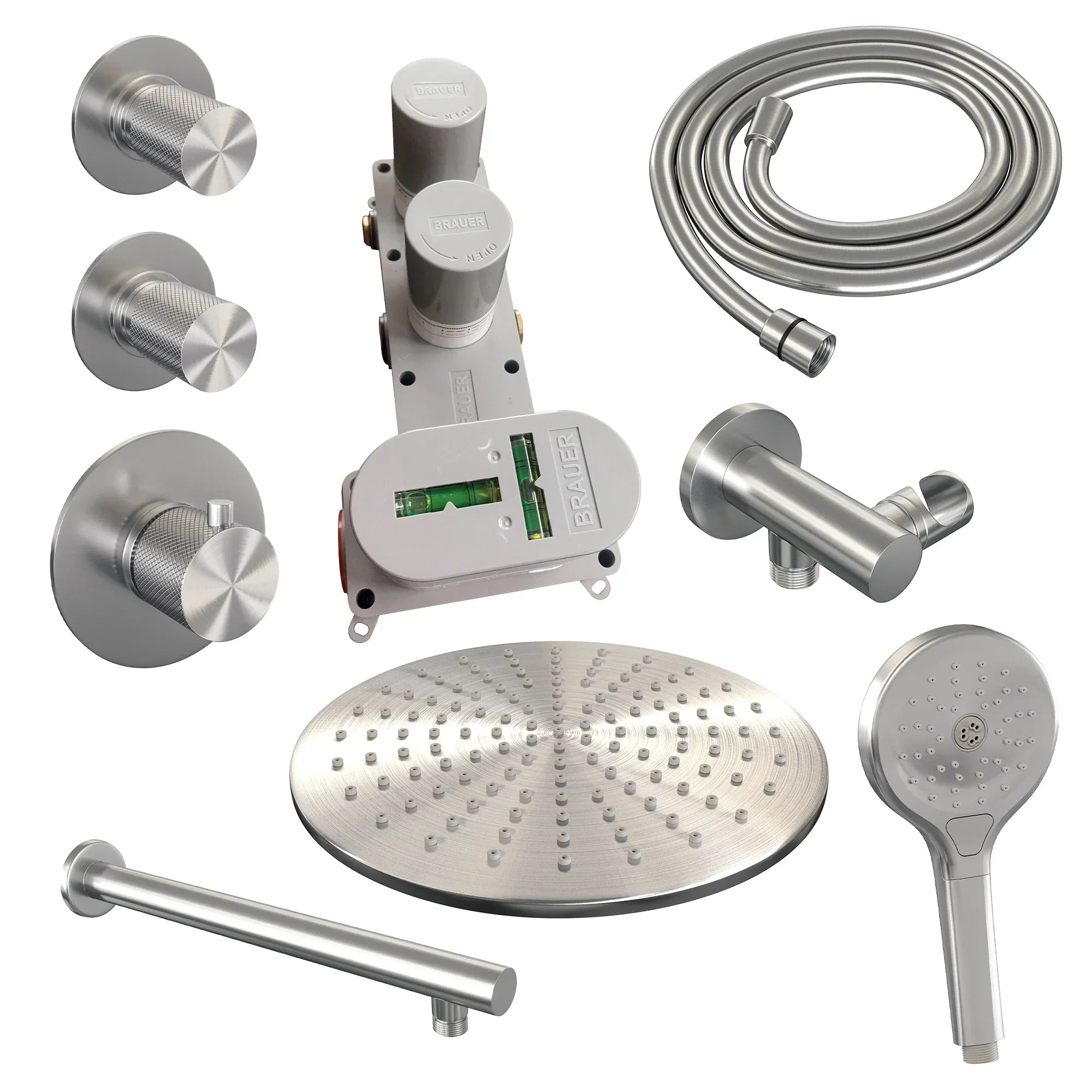 Brauer Carving thermostatische inbouw doucheset - hoofddouche 30cm - rechte wandarm - 3 standen handdouche rond - geborsteld RVS PVD
