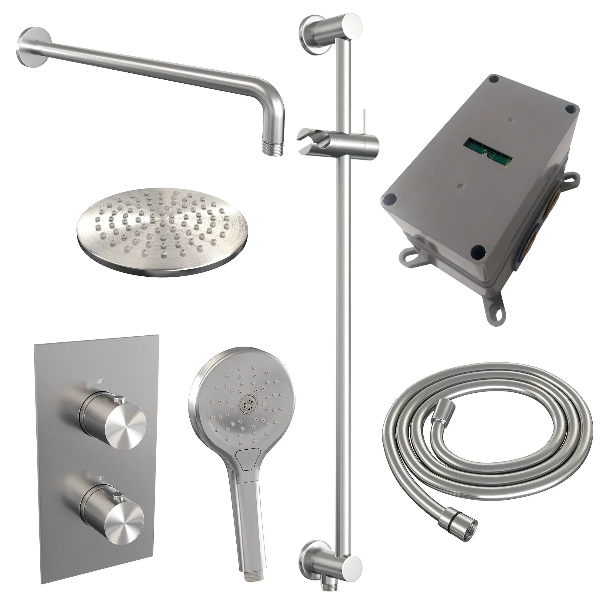 Brauer Edition inbouwset met 3-weg thermostaat - hoofddouche 20cm - gebogen wandarm 40cm - ronde 3-standen handdouche - glijstang met aansluitbocht - geborsteld RVS PVD
