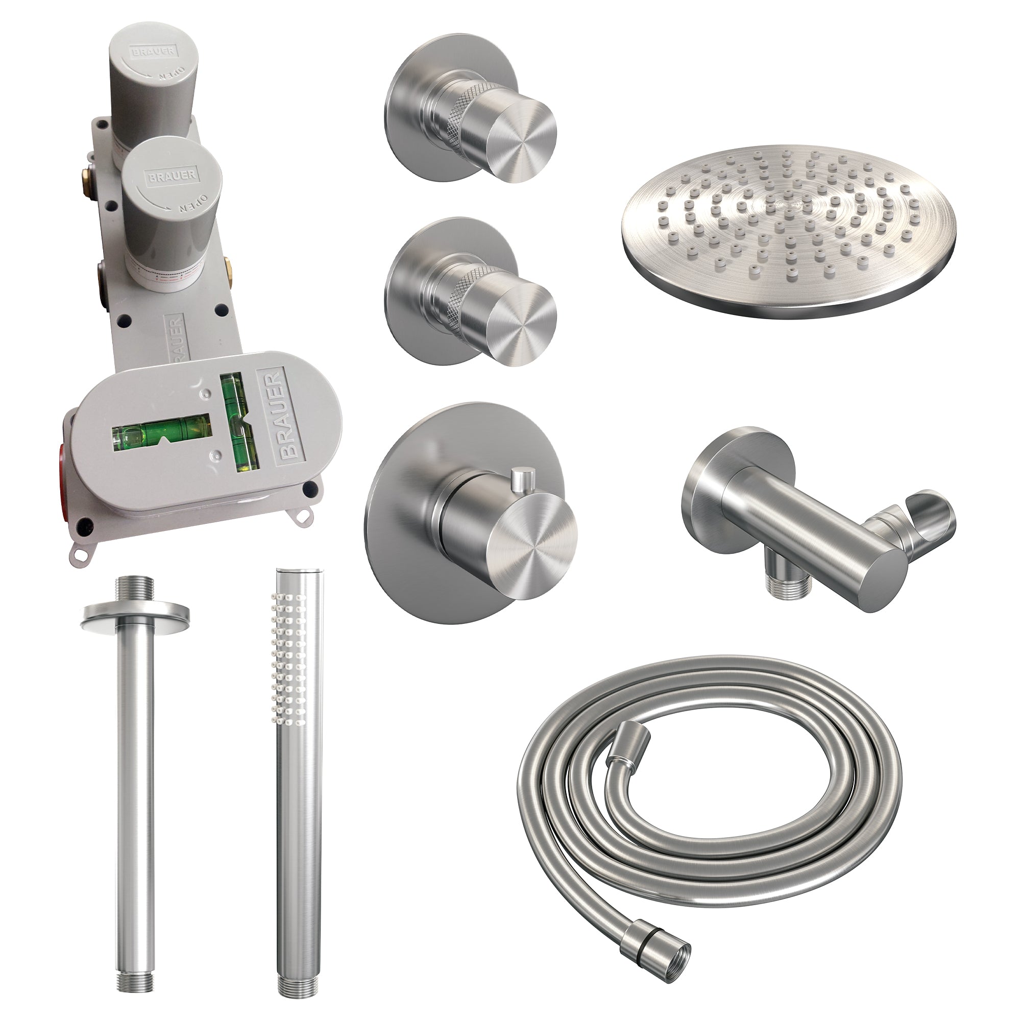 Brauer Edition thermostatische inbouw doucheset - geborsteld RVS PVD - hoofddouche 20cm - plafondsteun - staafhanddouche - geborsteld RVS PVD