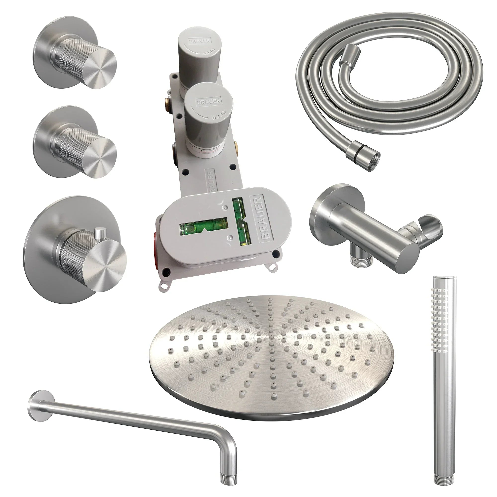 Brauer Carving thermostatische inbouw doucheset - hoofddouche 30cm - gebogen wandarm - staafhanddouche - geborsteld RVS PVD