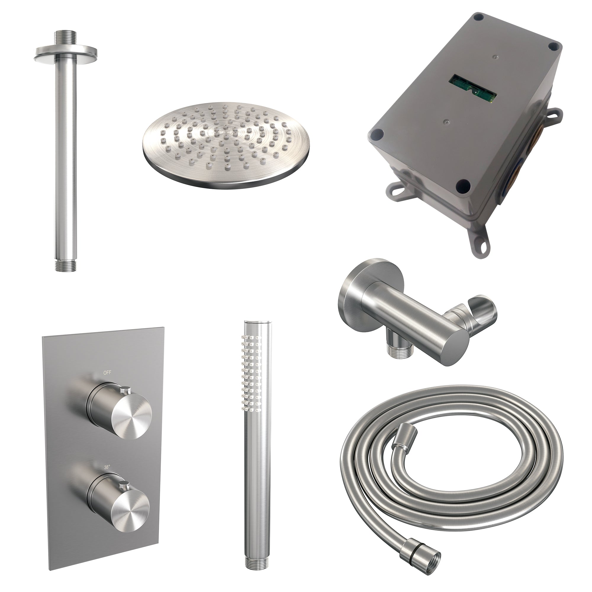 Brauer Edition inbouwset met 3-weg thermostaat - hoofddouche 30cm - plafondbuis 20cm - staafhanddouche - wandaansluiting - geborsteld RVS PVD