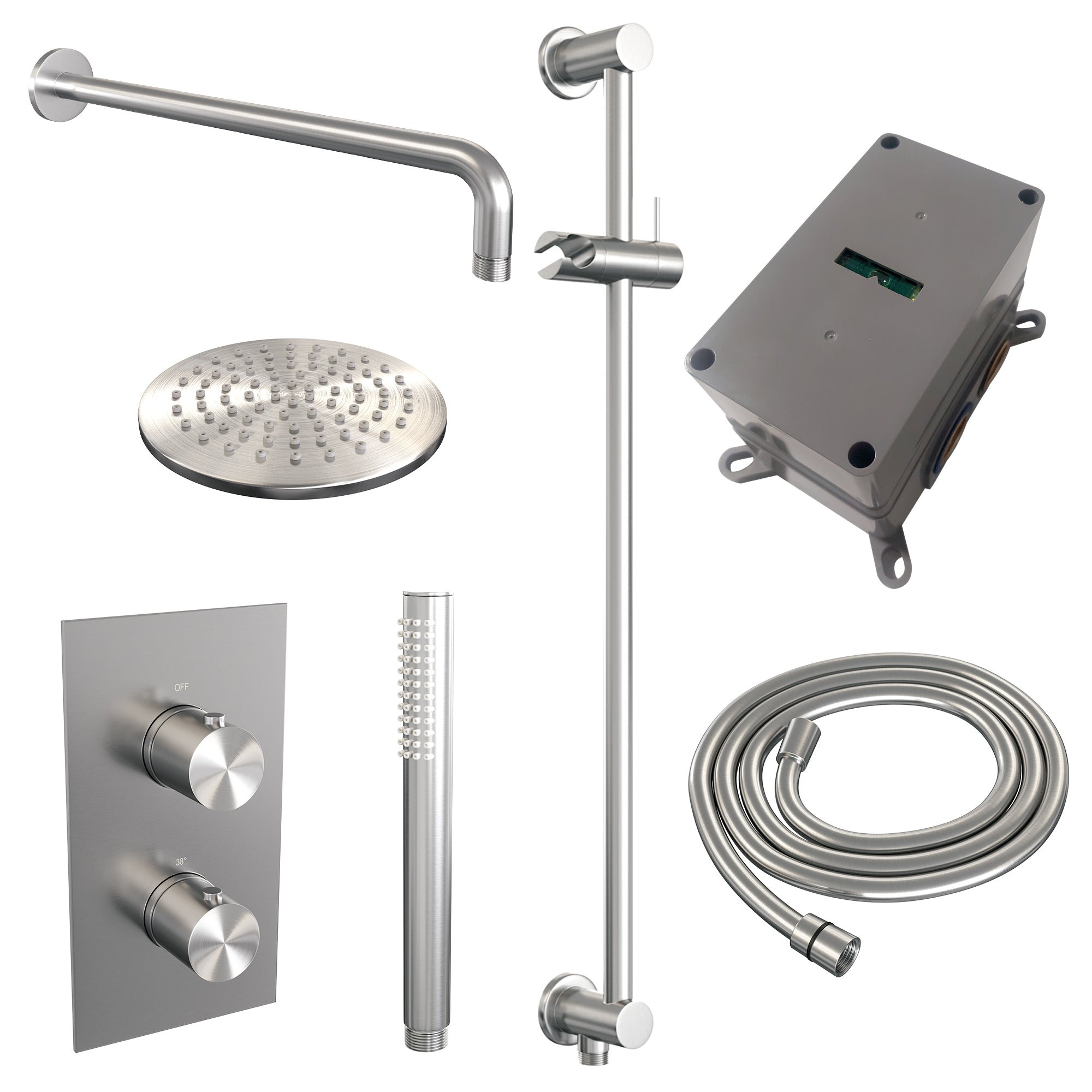 Brauer Edition inbouwset met 3-weg thermostaat - hoofddouche 20cm - gebogen wandarm 40cm - staafhanddouche - glijstang met aansluitbocht - geborsteld RVS PVD