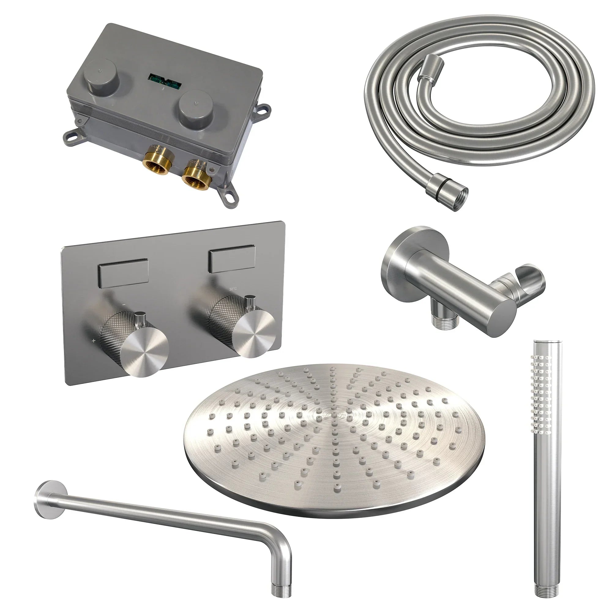 Brauer Carving inbouw doucheset - staafhanddouche - 30cm hoofdouche - gebogen wandarm - wandsteun - geborsteld rvs PVD