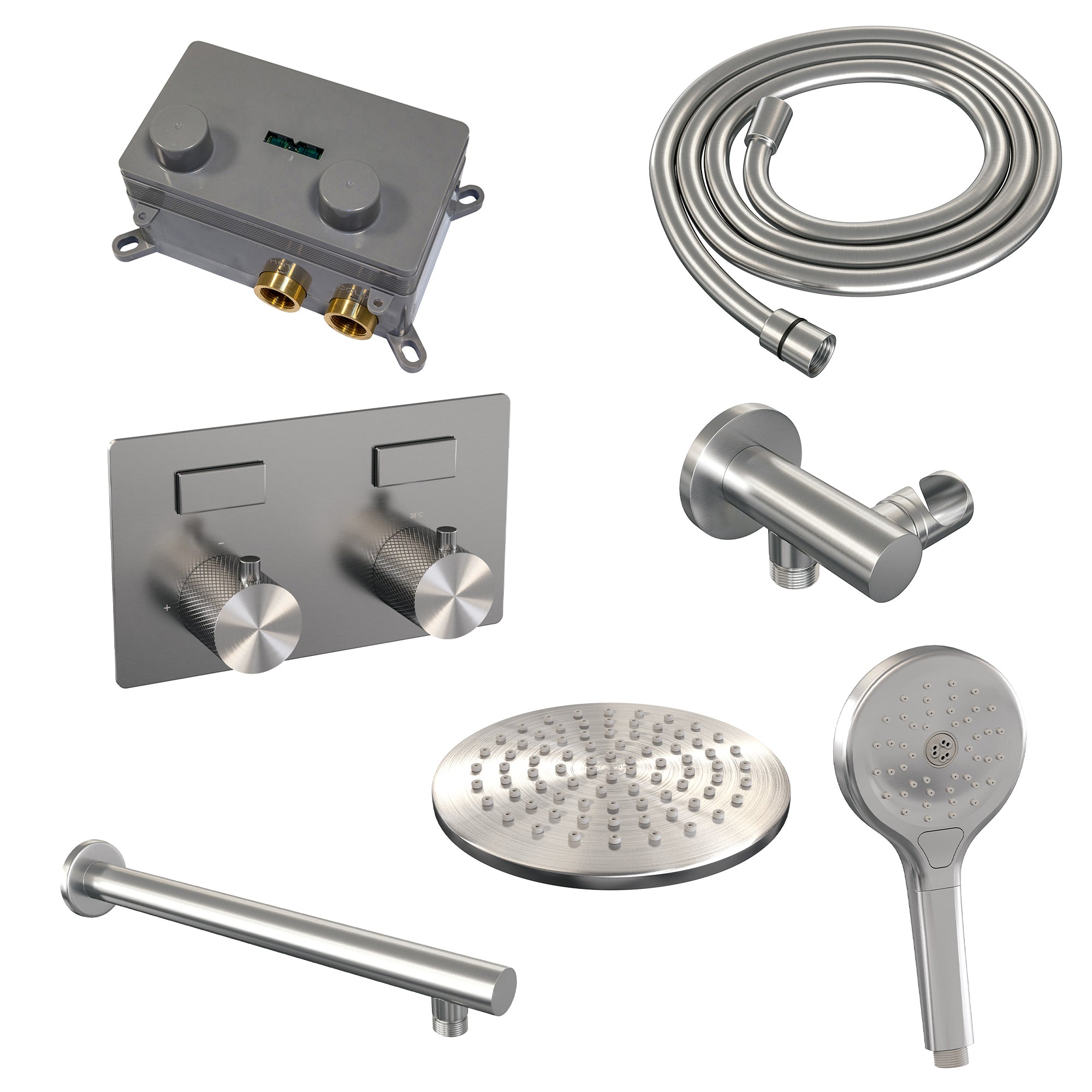 Brauer Carving inbouw doucheset - ronde handdouche - 20cm hoofdouche - rechte wandarm - wandsteun - geborsteld rvs PVD