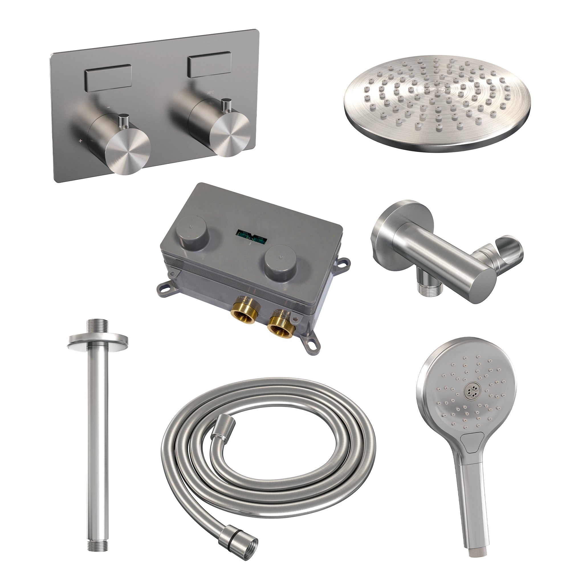 Brauer Edition inbouw doucheset - ronde handdouche - 20cm hoofdouche - plafondbuis - wandsteun - geborsteld rvs PVD
