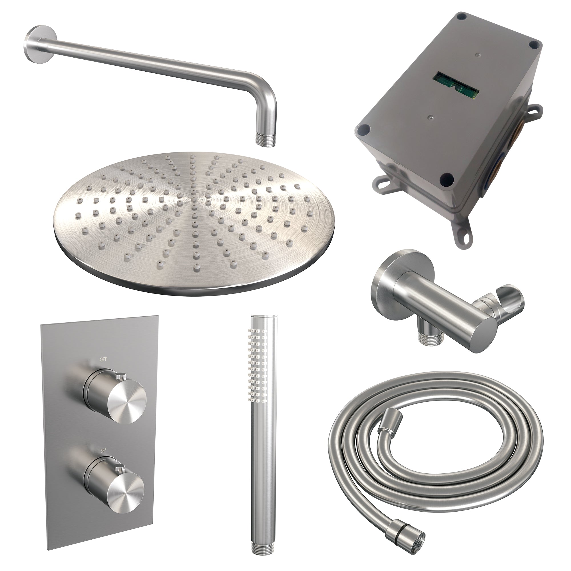 Brauer Edition inbouwset met 3-weg thermostaat - hoofddouche 30cm - gebogen wandarm 40cm - staafhanddouche - wandaansluiting - geborsteld RVS PVD