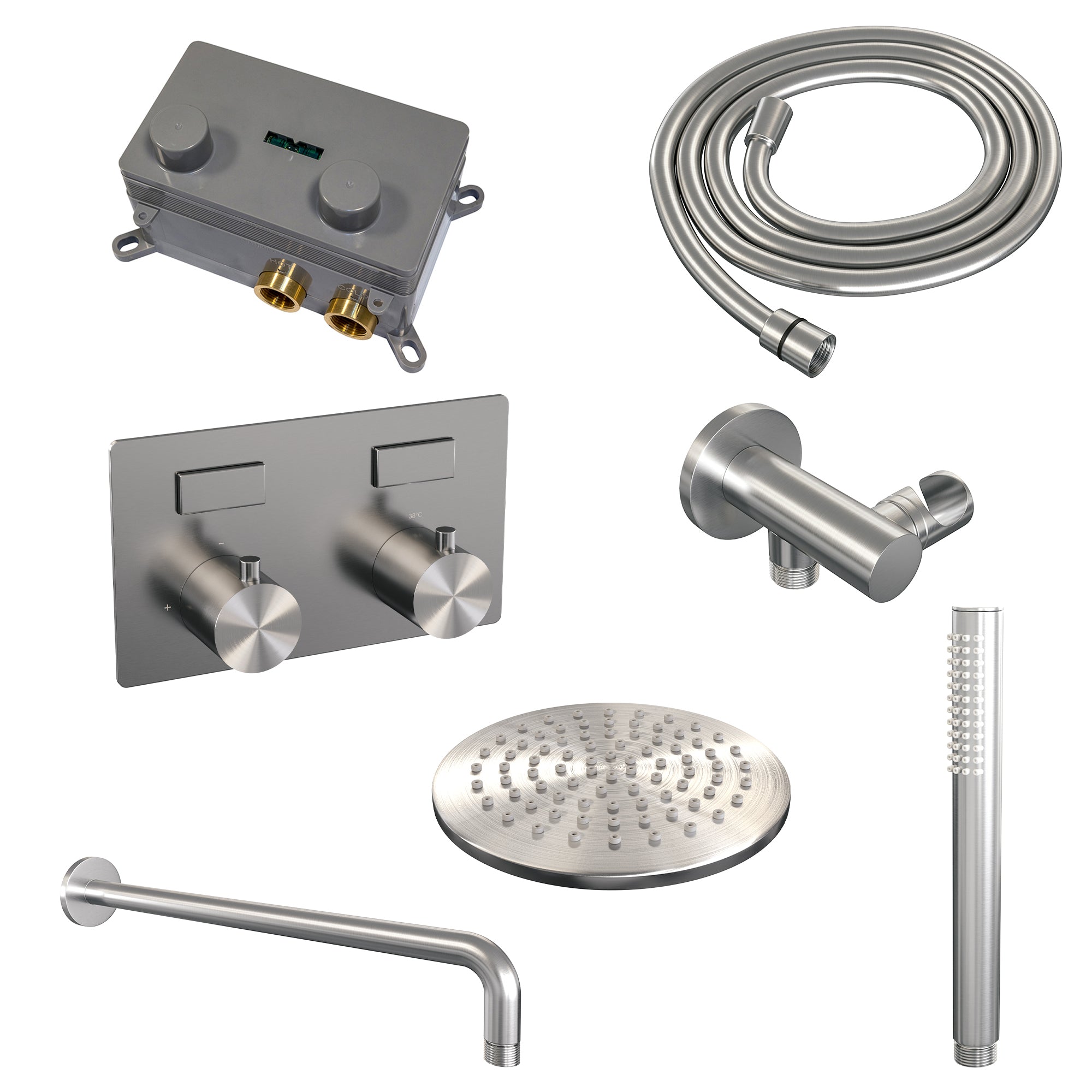 Brauer Edition inbouw doucheset - staafhanddouche - 20cm hoofdouche - gebogen wandarm - wandsteun - geborsteld rvs PVD