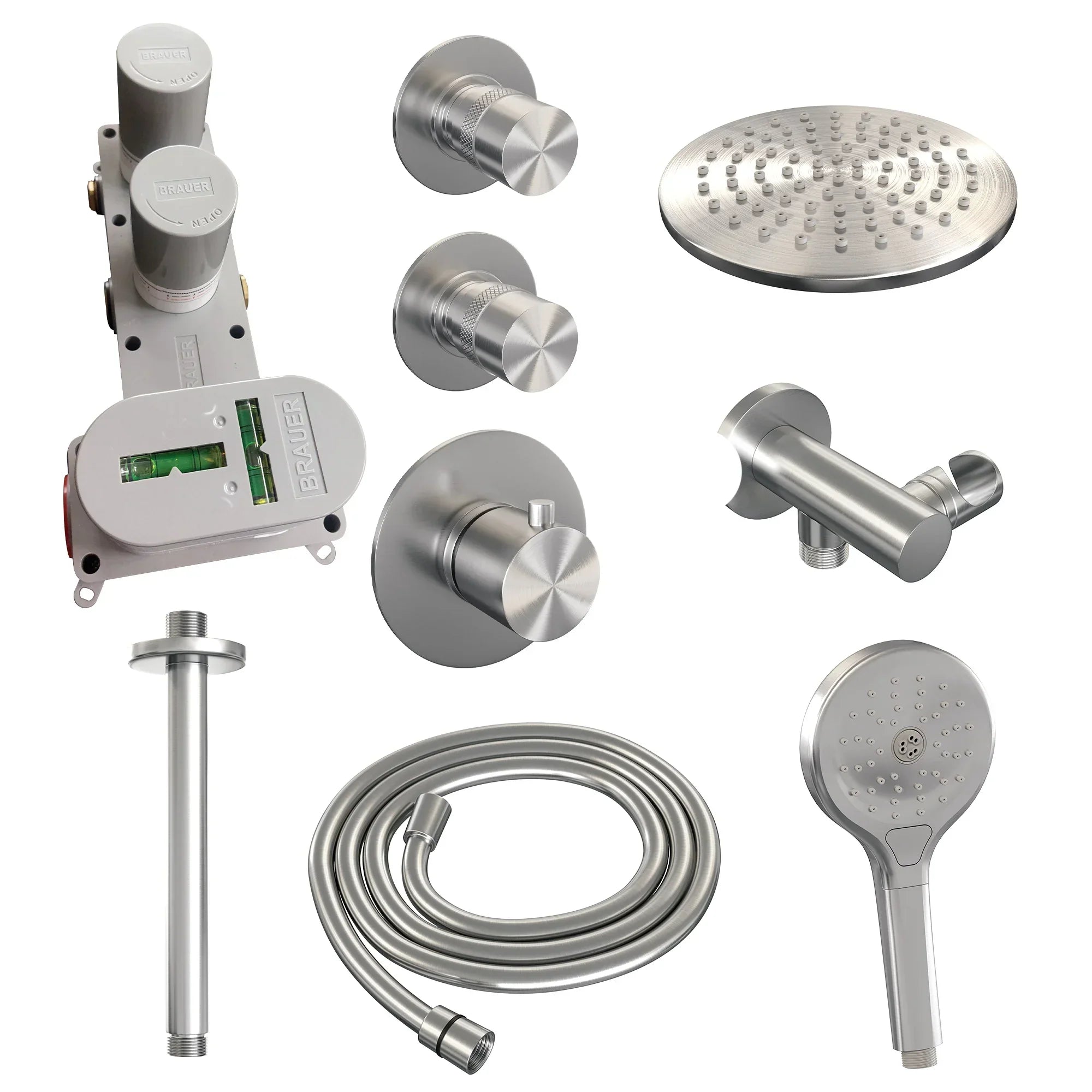 Brauer Edition thermostatische inbouw doucheset - geborsteld RVS PVD - hoofddouche 20cm - plafondsteun - ronde handdouche - geborsteld RVS PVD