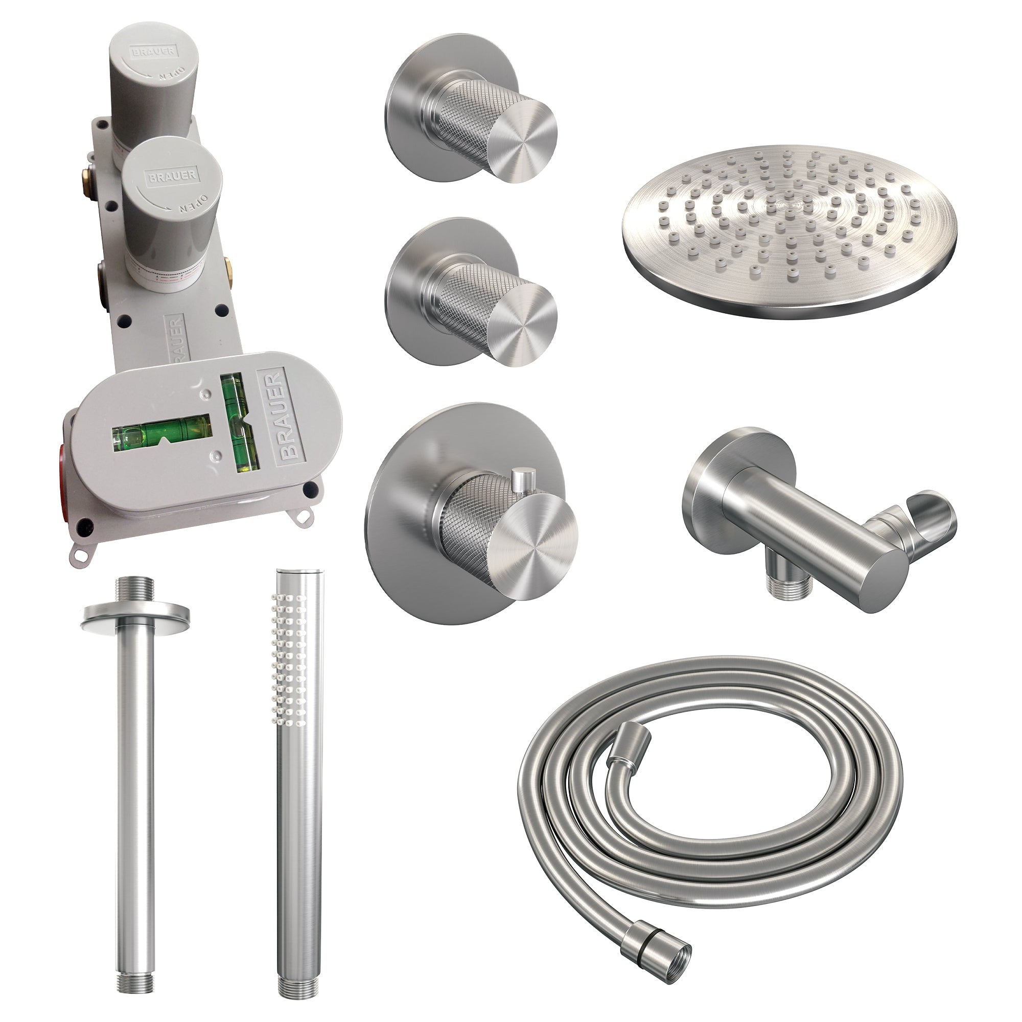 Brauer Carving thermostatische inbouw doucheset - hoofddouche 20cm - plafondbuis - staafhanddouche - geborsteld RVS PVD