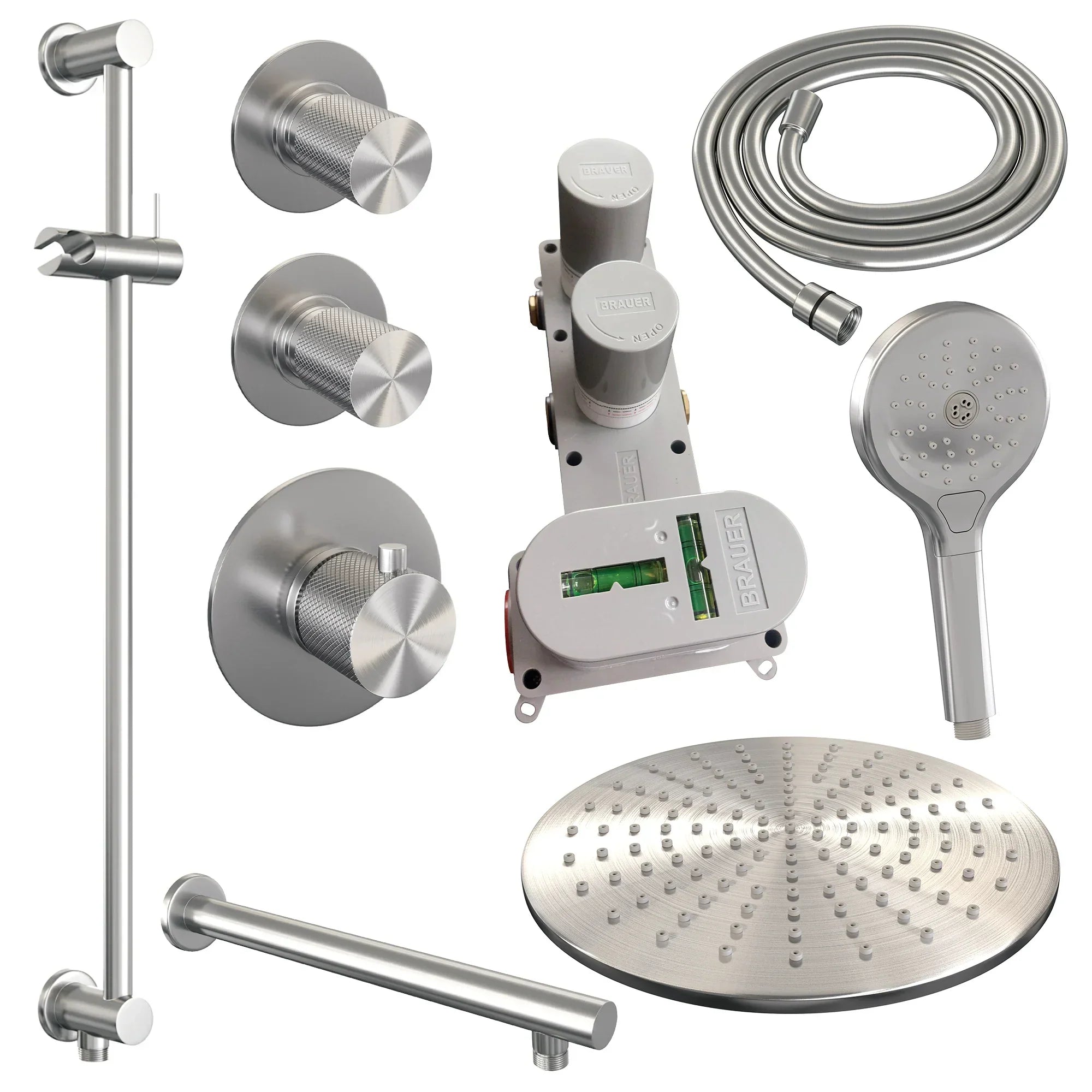 Brauer Carving thermostatische inbouw doucheset - hoofddouche 30cm - rechte wandarm - 3 standen handdouche rond - Glijstang - geborsteld RVS PVD