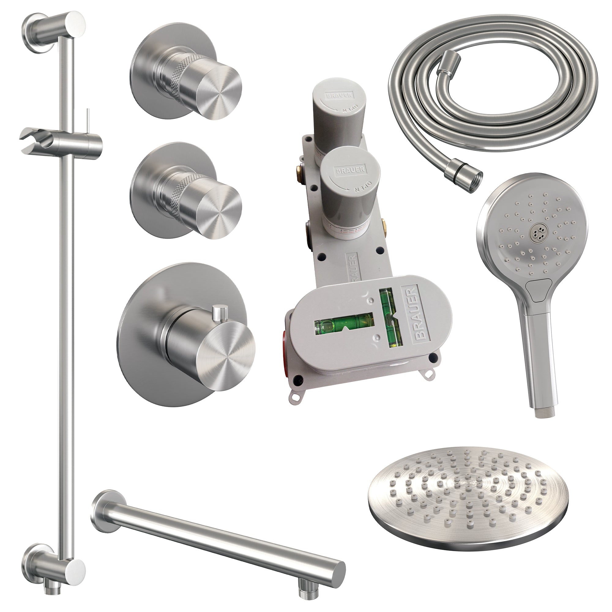 Brauer Edition thermostatische inbouw doucheset - geborsteld RVS PVD - hoofddouche 20cm - wandarm - ronde handdouche - Glijstang - geborsteld RVS PVD
