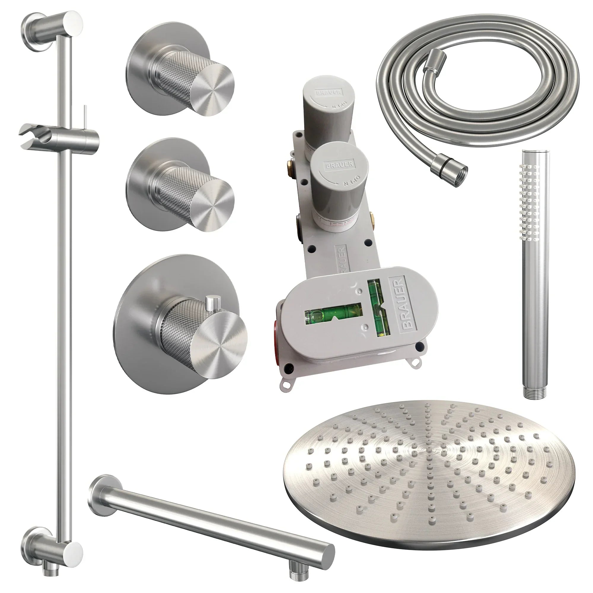 Brauer Carving thermostatische inbouw doucheset - hoofddouche 30cm - rechte wandarm - staafhanddouche - Glijstang - chroom