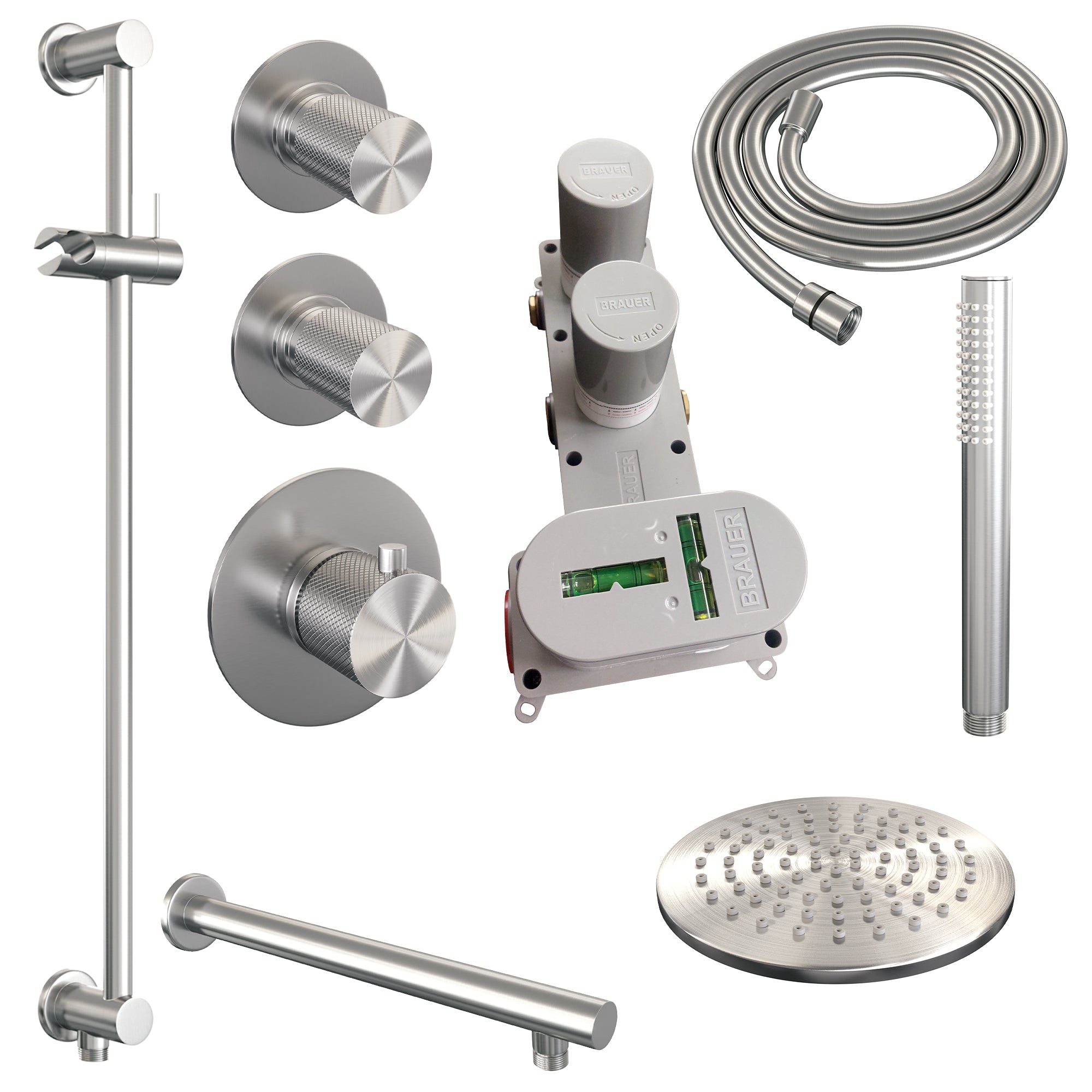 Brauer Carving thermostatische inbouw doucheset - hoofddouche 20cm - rechte wandarm - staafhanddouche - Glijstang - chroom